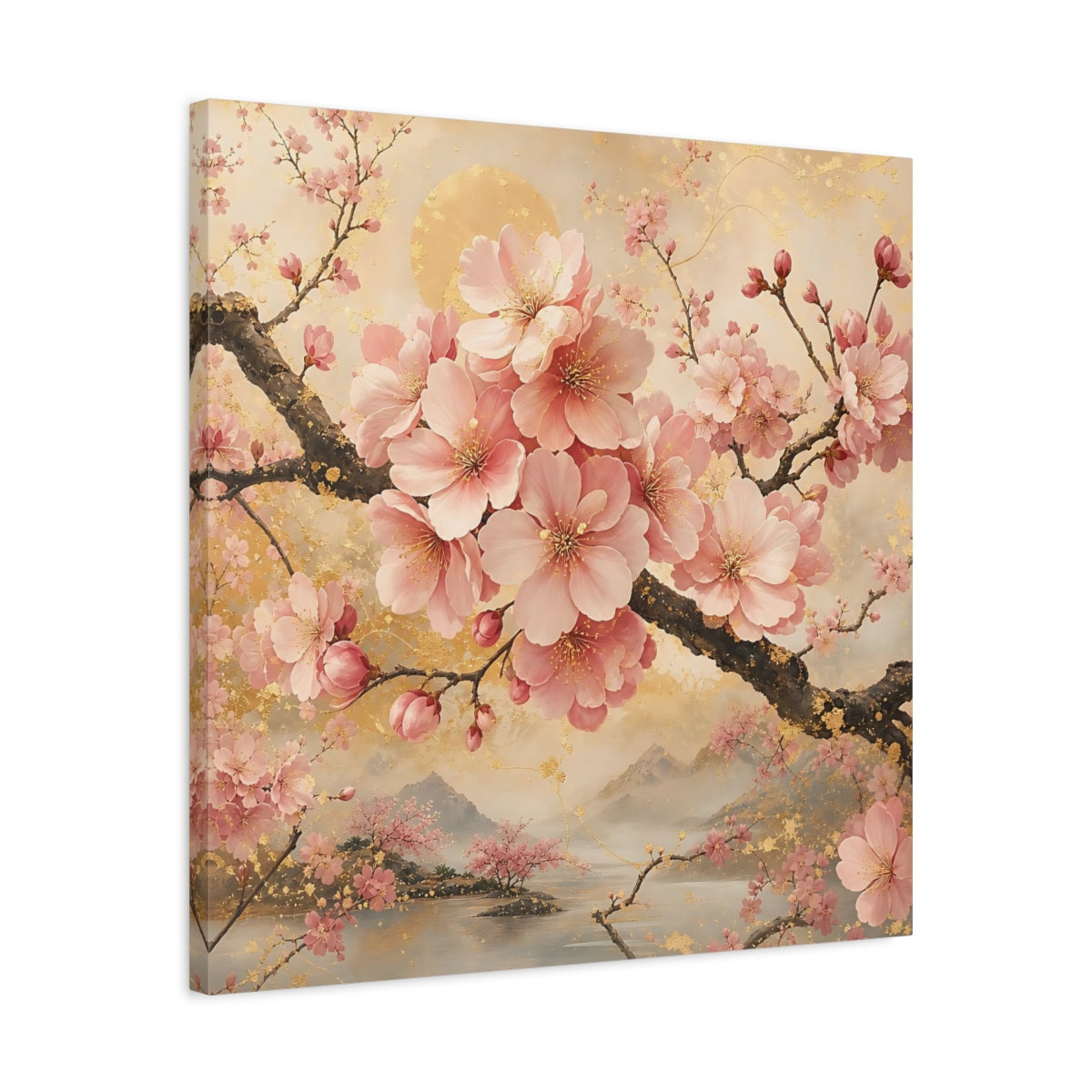 Side Mockup 4. Floral Cherry Blossoms Pink And Gold Floral shown as stretched canvas wall art