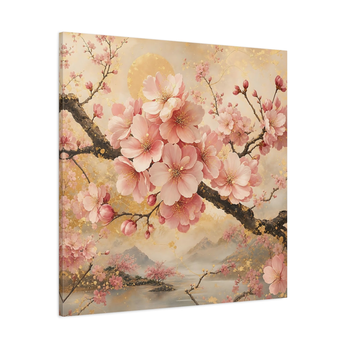 Side Mockup 1. Floral Cherry Blossoms Pink And Gold Floral shown as stretched canvas wall art