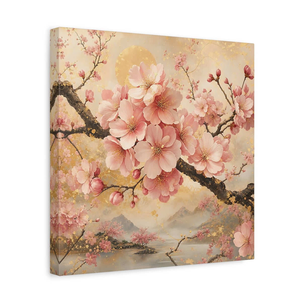 Side Mockup 7. Floral Cherry Blossoms Pink And Gold Floral shown as stretched canvas wall art