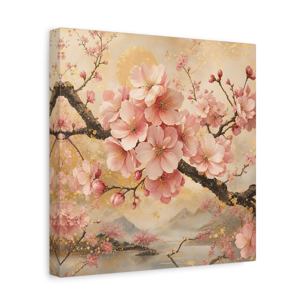 Side Mockup 8. Floral Cherry Blossoms Pink And Gold Floral shown as stretched canvas wall art