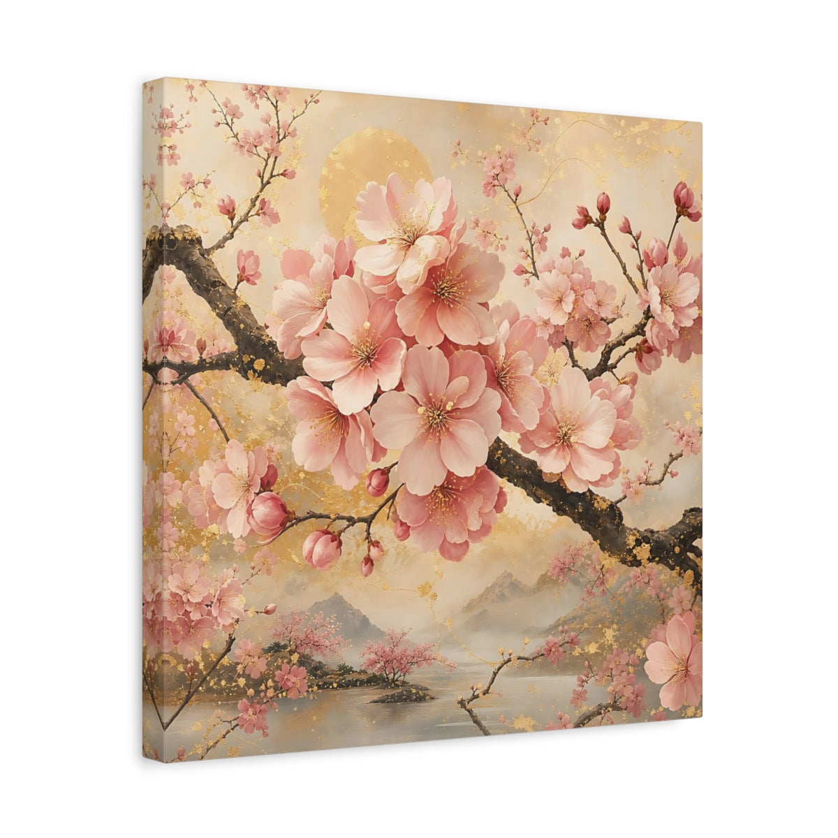 Side Mockup 6. Floral Cherry Blossoms Pink And Gold Floral shown as stretched canvas wall art