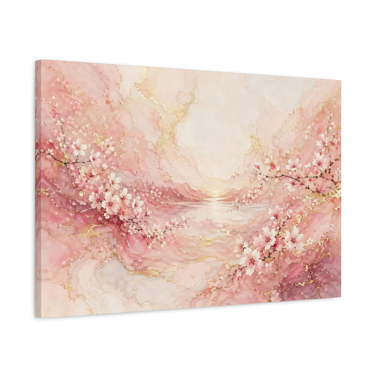 Side Mockup 2. Floral Cherry Blossoms Pink And Gold shown as stretched canvas wall art