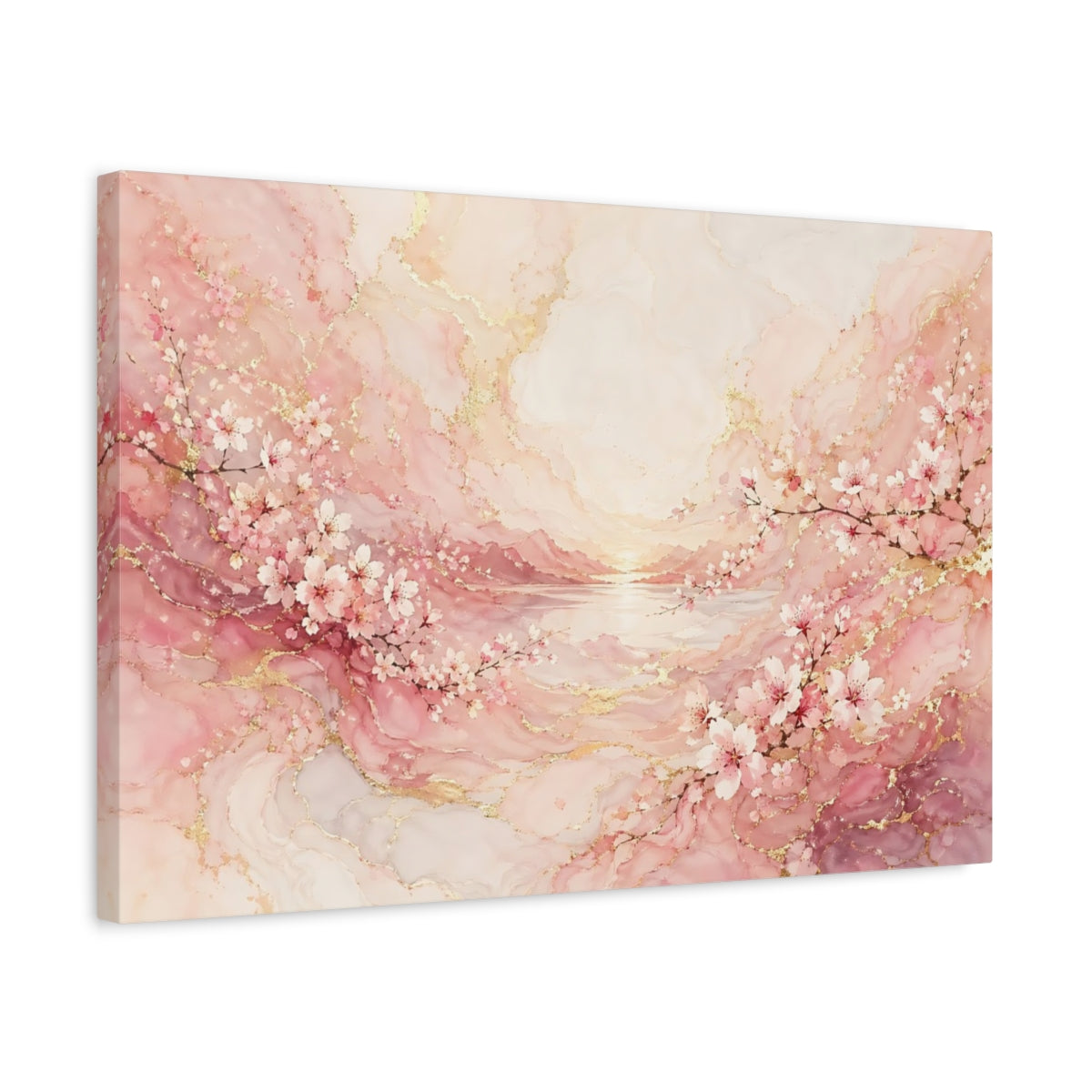 Side Mockup 3. Floral Cherry Blossoms Pink And Gold shown as stretched canvas wall art
