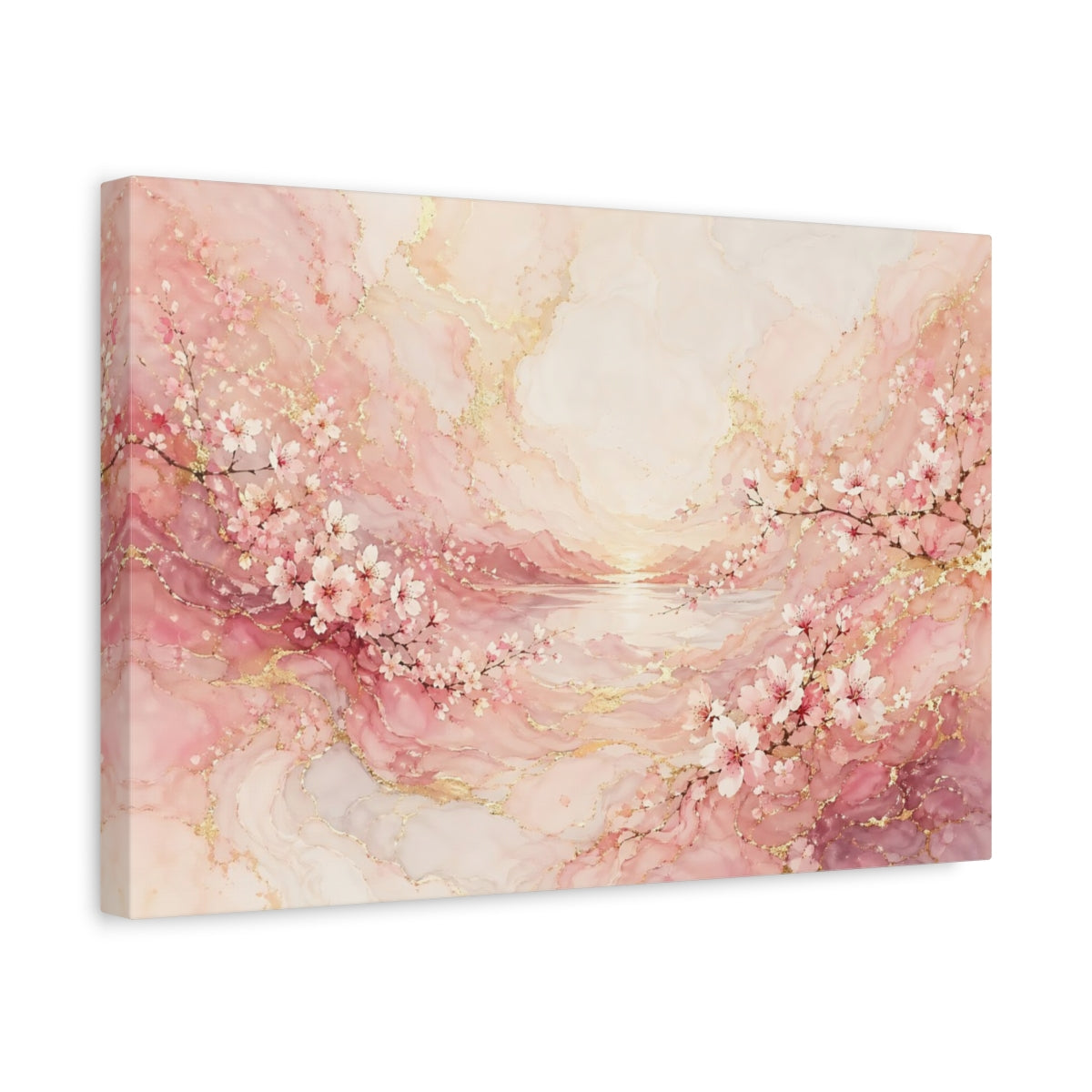 Side Mockup 4. Floral Cherry Blossoms Pink And Gold shown as stretched canvas wall art