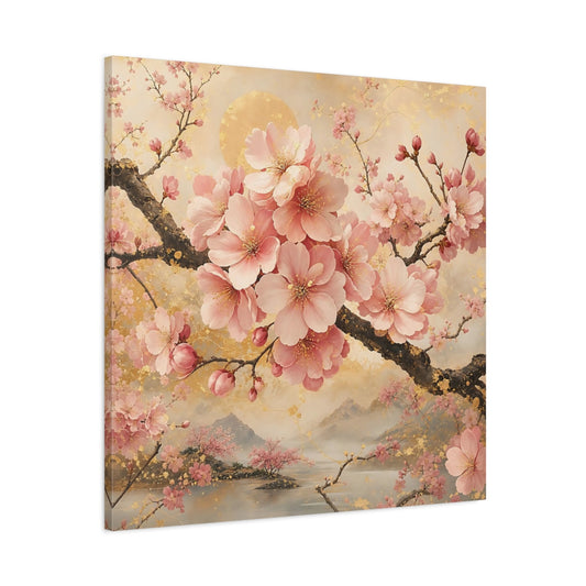 Main Mockup. Floral Cherry Blossoms Pink And Gold Floral shown as stretched canvas wall art