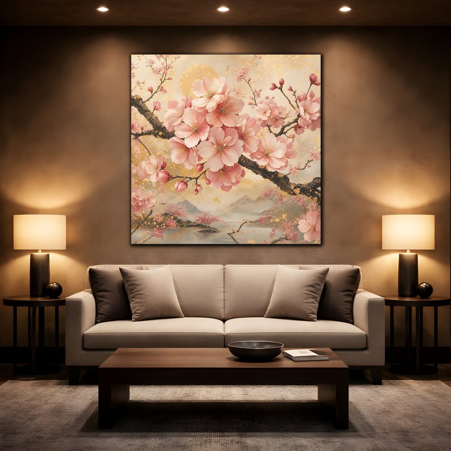 Mockup 2. Floral Cherry Blossoms Pink And Gold Floral shown as stretched canvas wall art