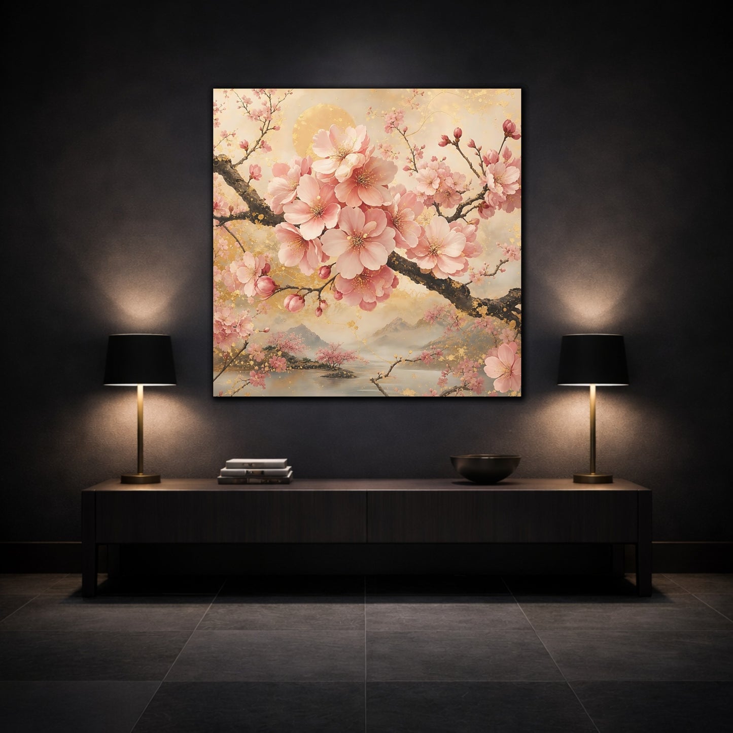 Mockup 3. Floral Cherry Blossoms Pink And Gold Floral shown as stretched canvas wall art