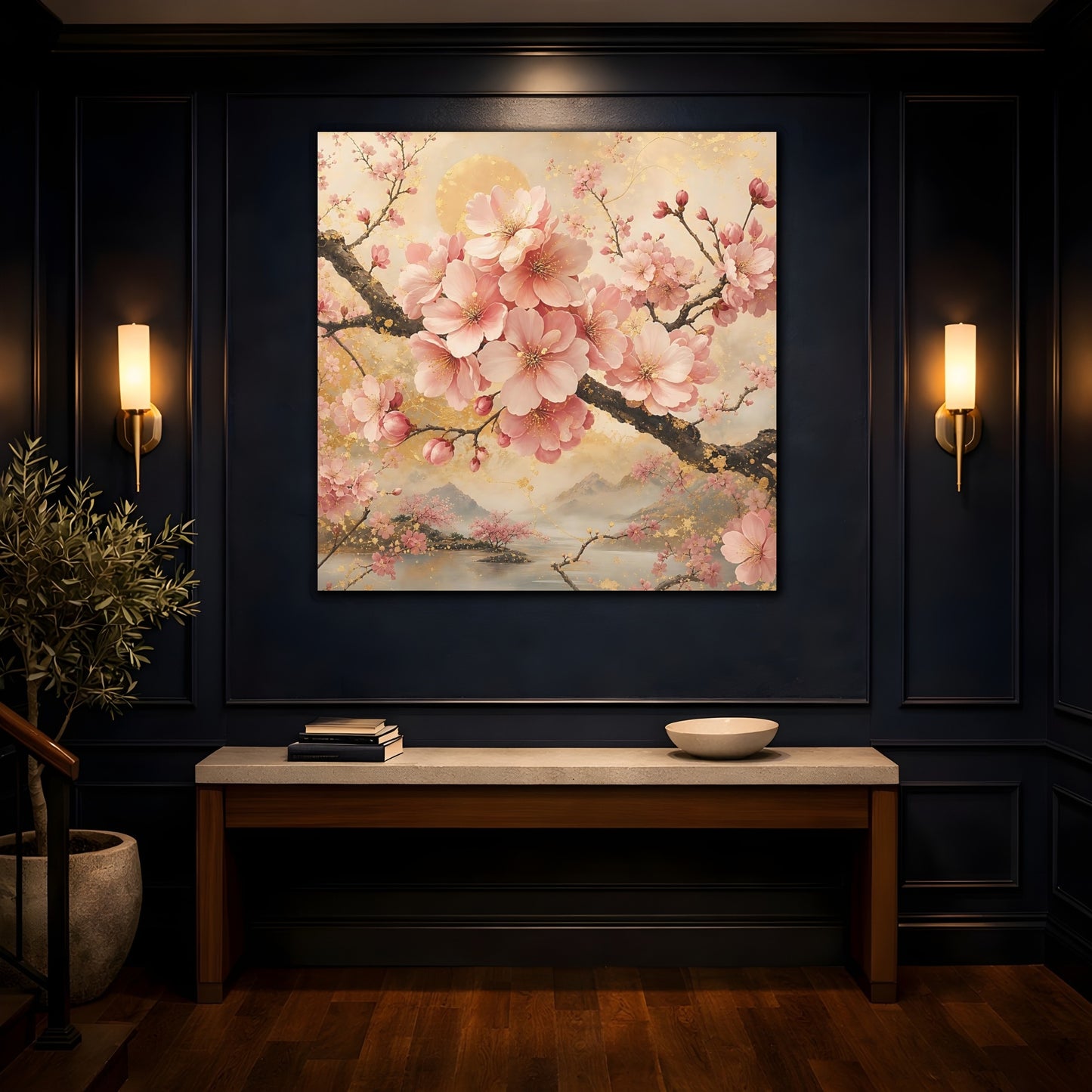 Mockup 4. Floral Cherry Blossoms Pink And Gold Floral shown as stretched canvas wall art