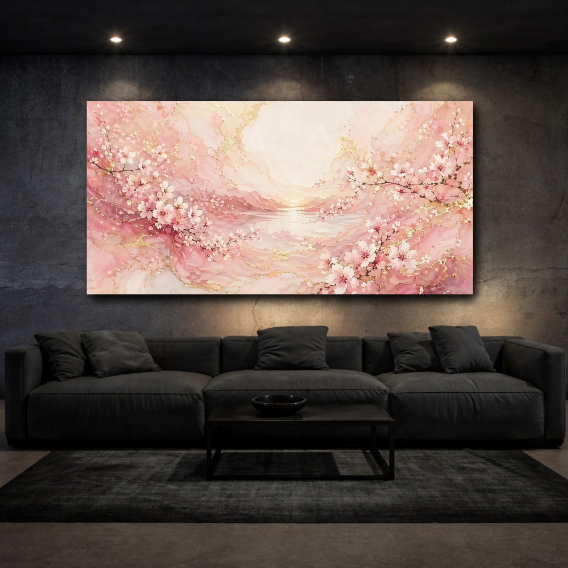 Mockup 2. Floral Cherry Blossoms Pink And Gold shown as stretched canvas wall art