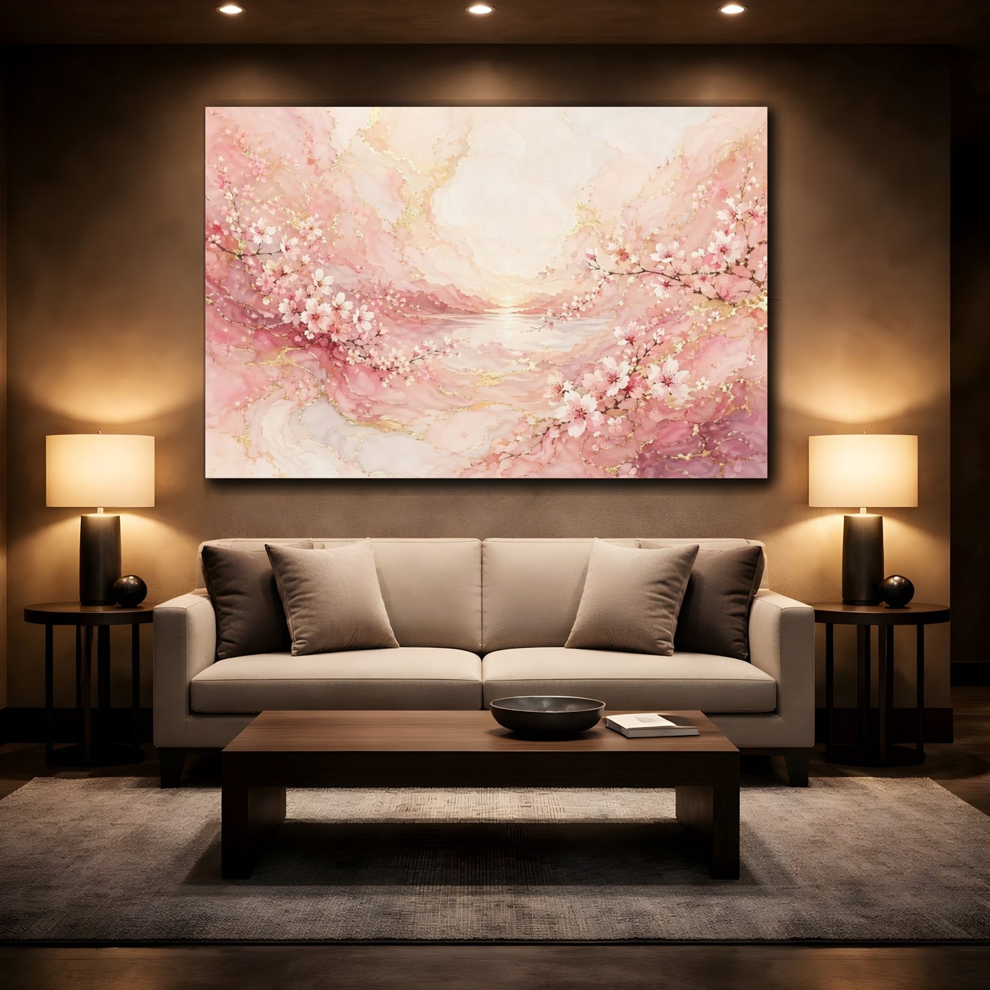 Mockup 2. Floral Cherry Blossoms Pink And Gold shown as stretched canvas wall art