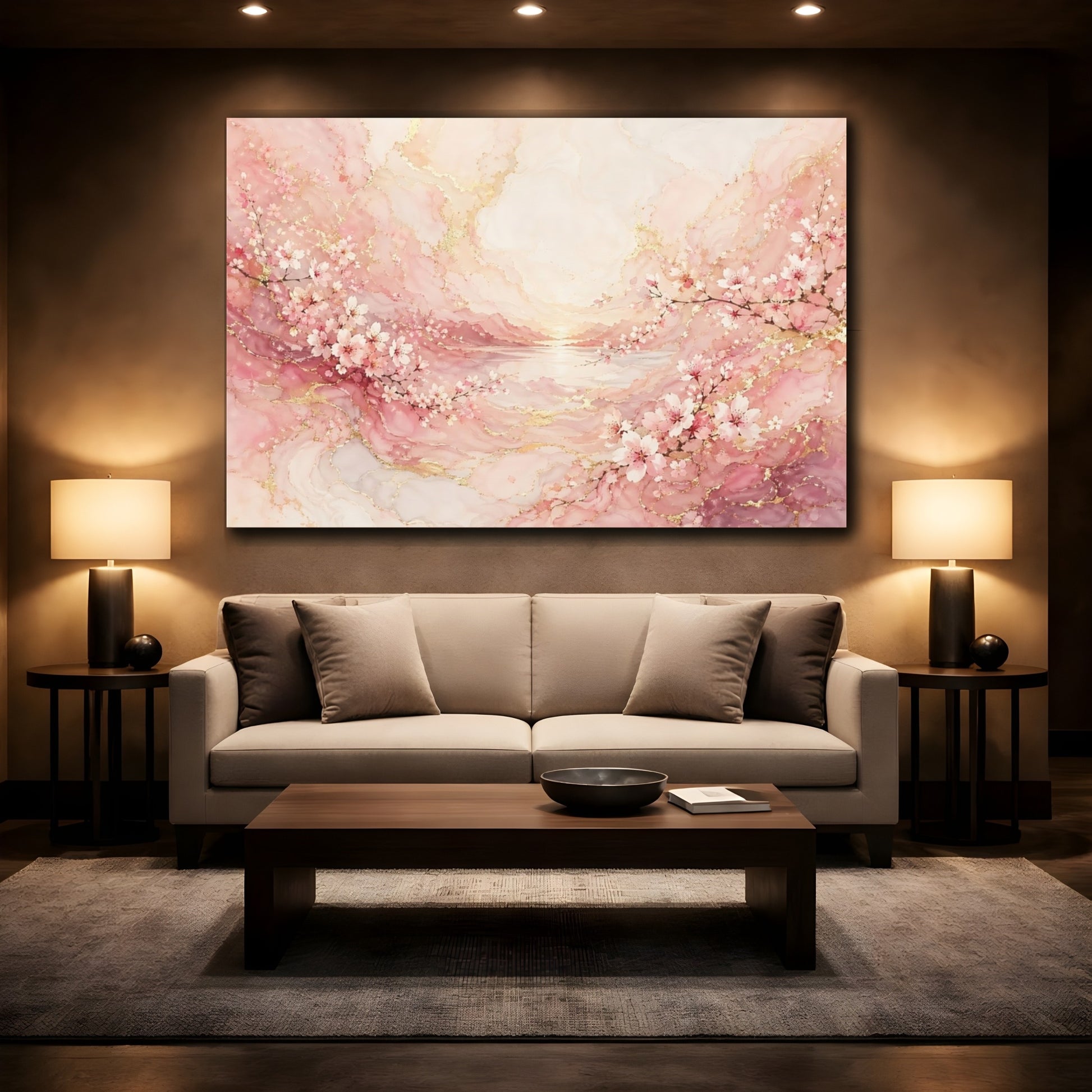 Mockup 2. Floral Cherry Blossoms Pink And Gold shown as stretched canvas wall art