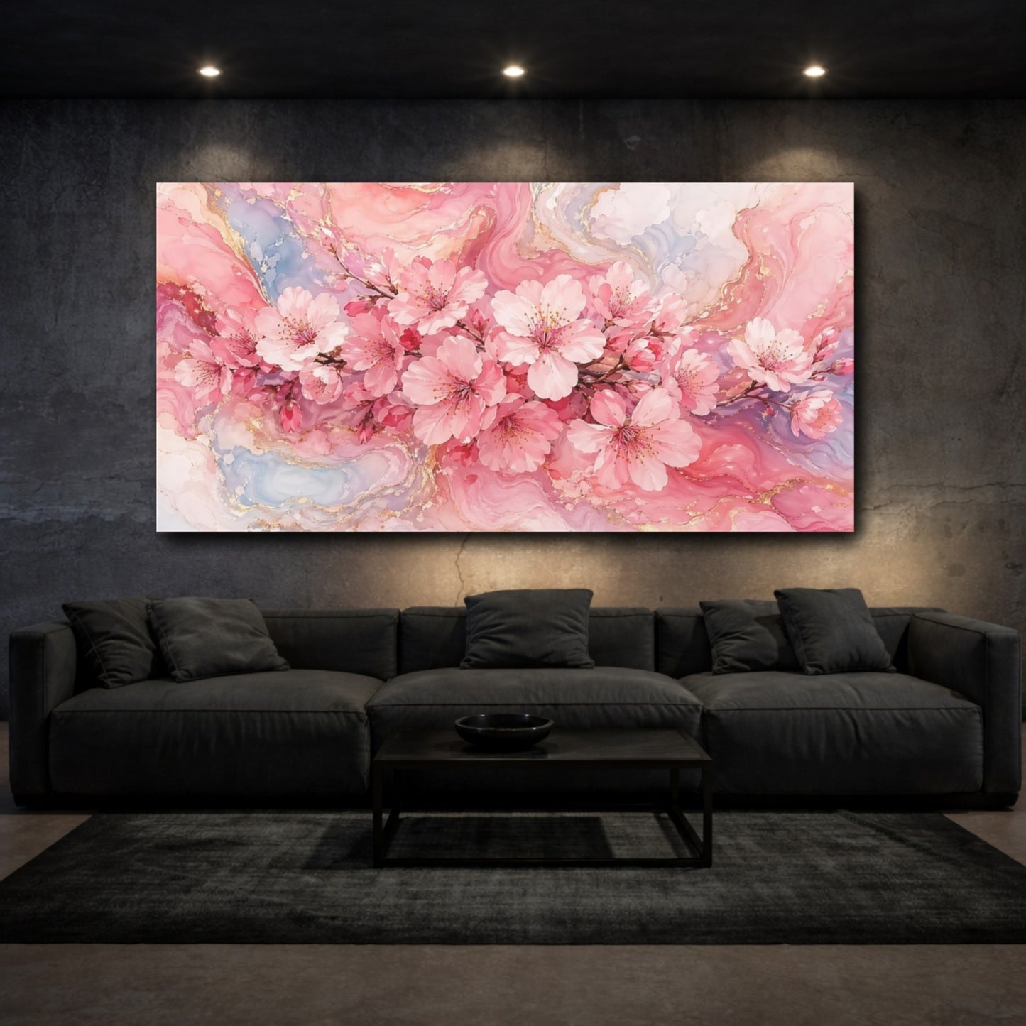 Mockup 2. Floral Cherry Blossoms Pink And Gold shown as stretched canvas wall art