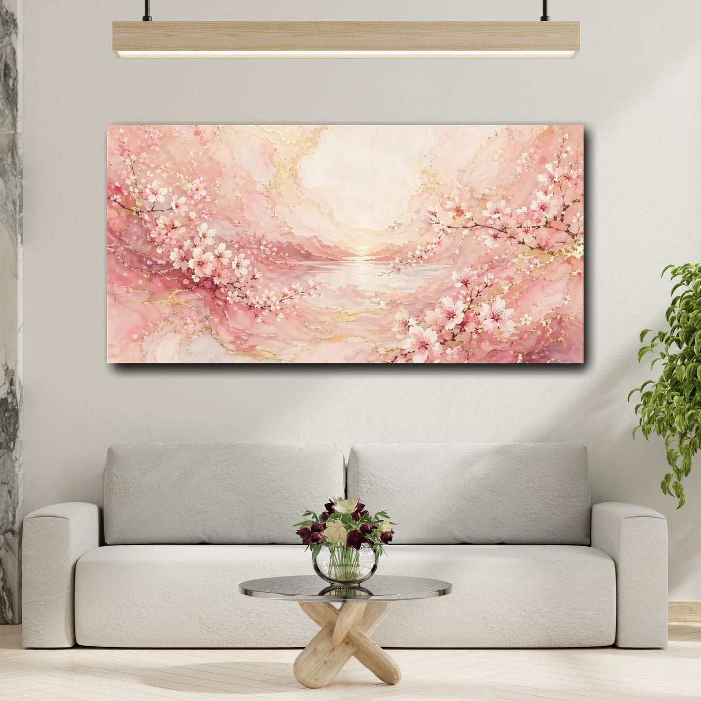 Mockup 3. Floral Cherry Blossoms Pink And Gold shown as stretched canvas wall art
