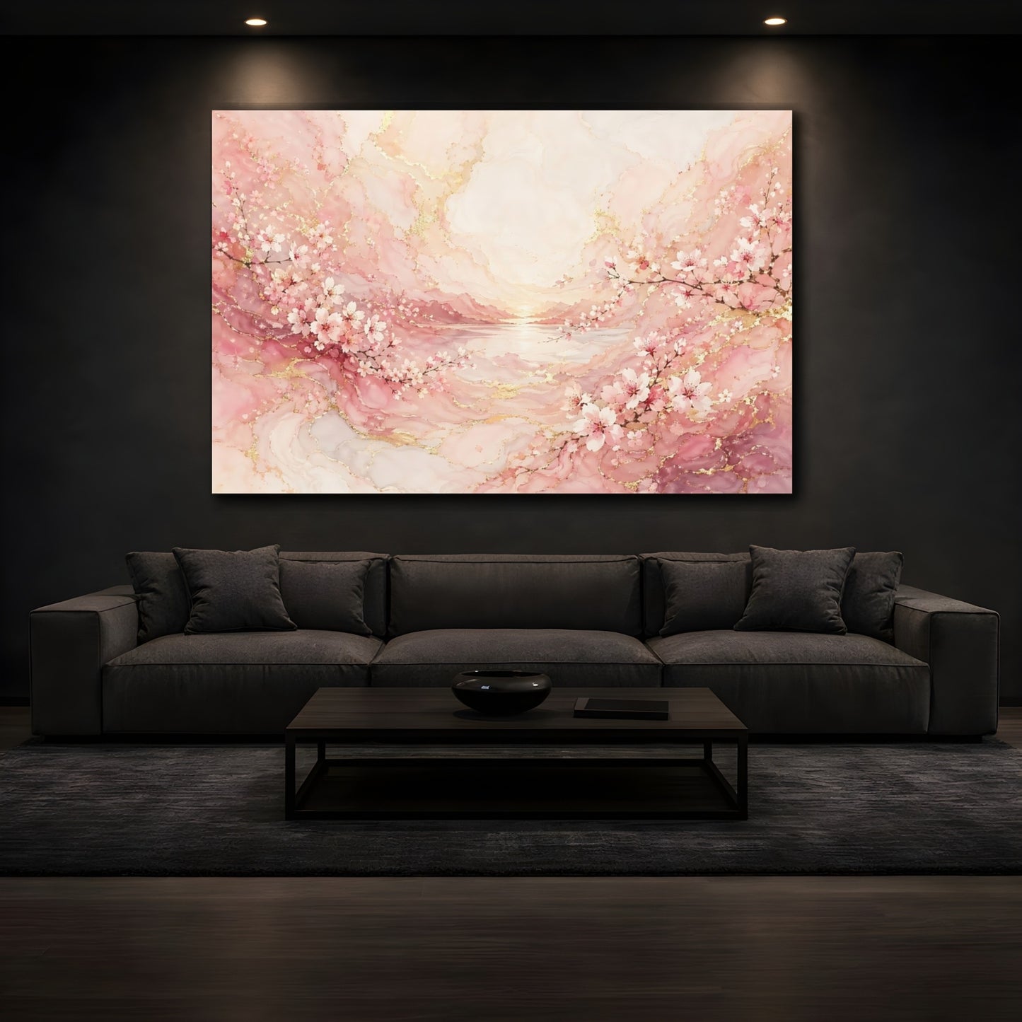 Mockup 3. Floral Cherry Blossoms Pink And Gold shown as stretched canvas wall art