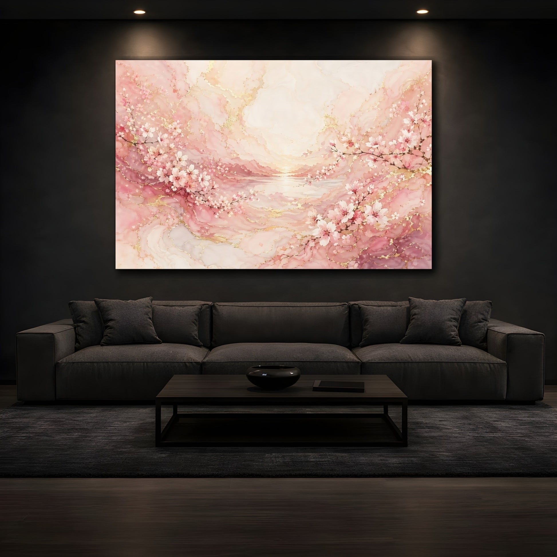 Mockup 3. Floral Cherry Blossoms Pink And Gold shown as stretched canvas wall art
