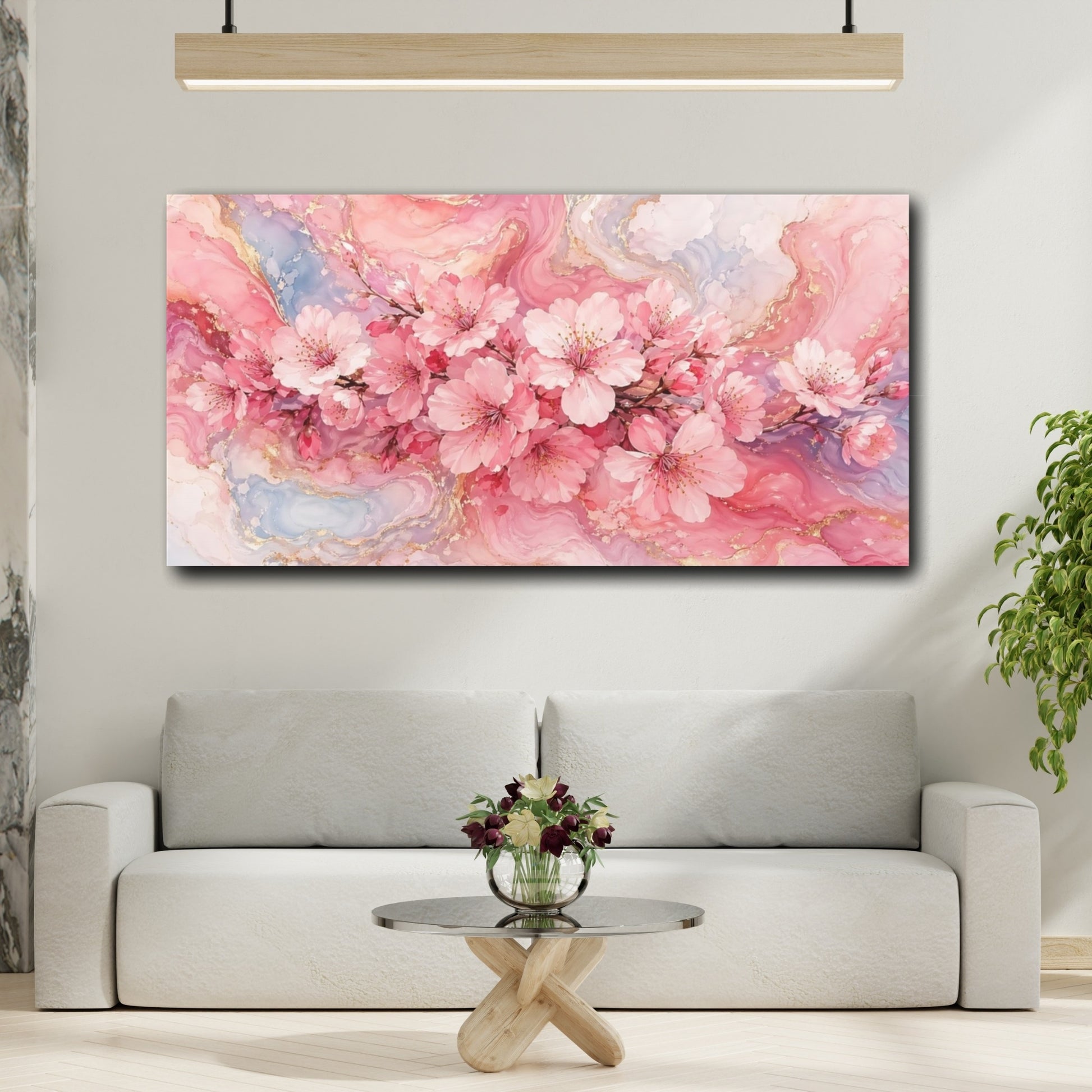 Mockup 3. Floral Cherry Blossoms Pink And Gold shown as stretched canvas wall art