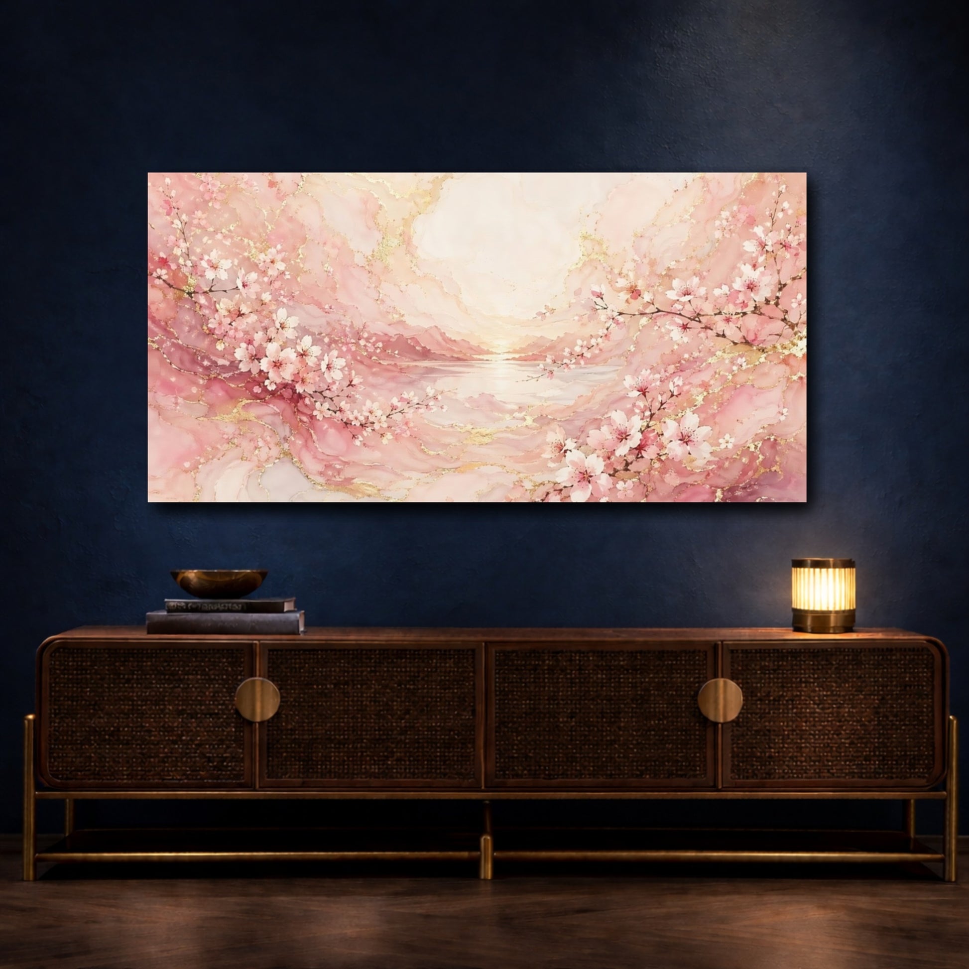 Mockup 4. Floral Cherry Blossoms Pink And Gold shown as stretched canvas wall art