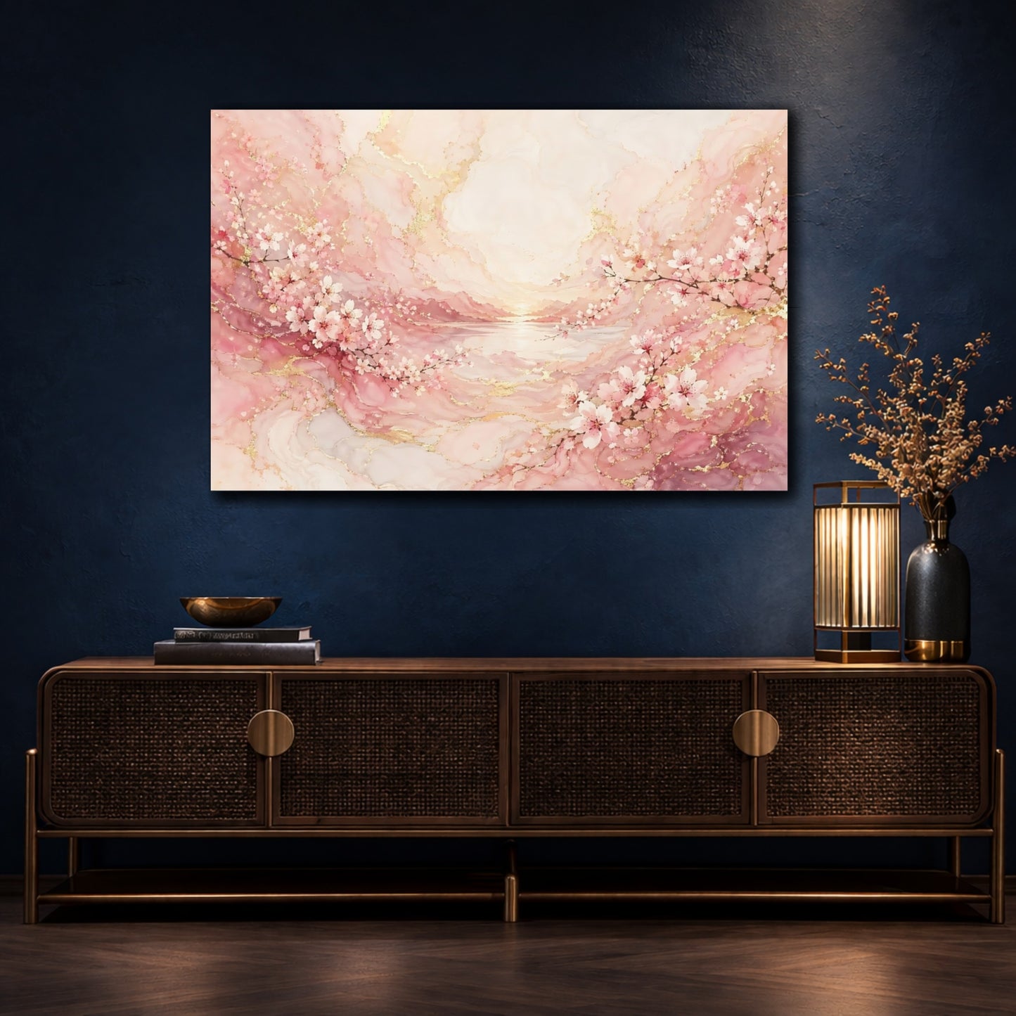 Mockup 4. Floral Cherry Blossoms Pink And Gold shown as stretched canvas wall art