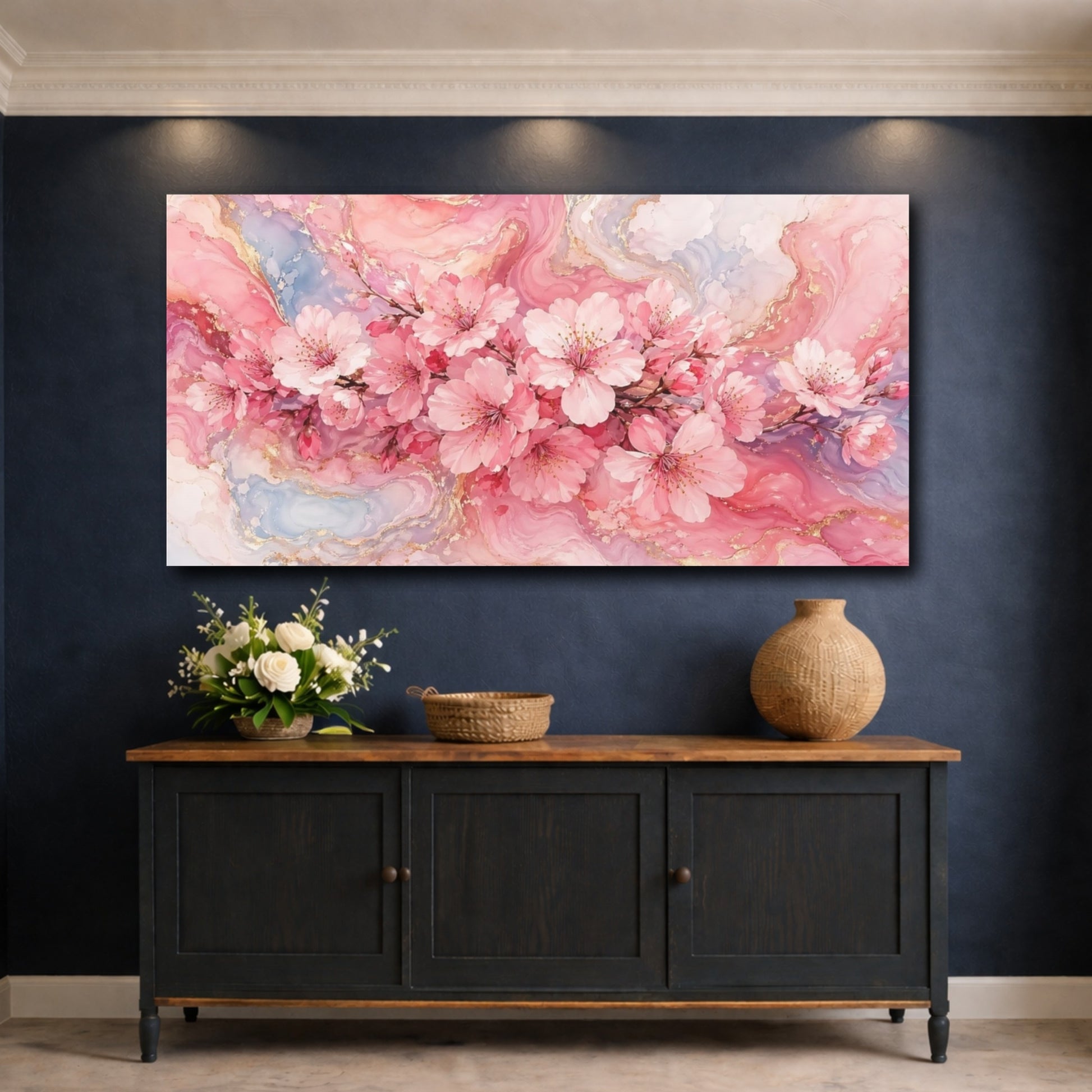 Mockup 4. Floral Cherry Blossoms Pink And Gold shown as stretched canvas wall art