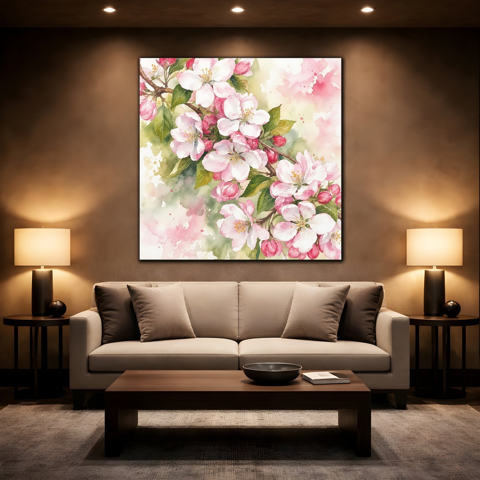 Mockup 2. Floral Cherry Blossoms Pink Blossom shown as stretched canvas wall art
