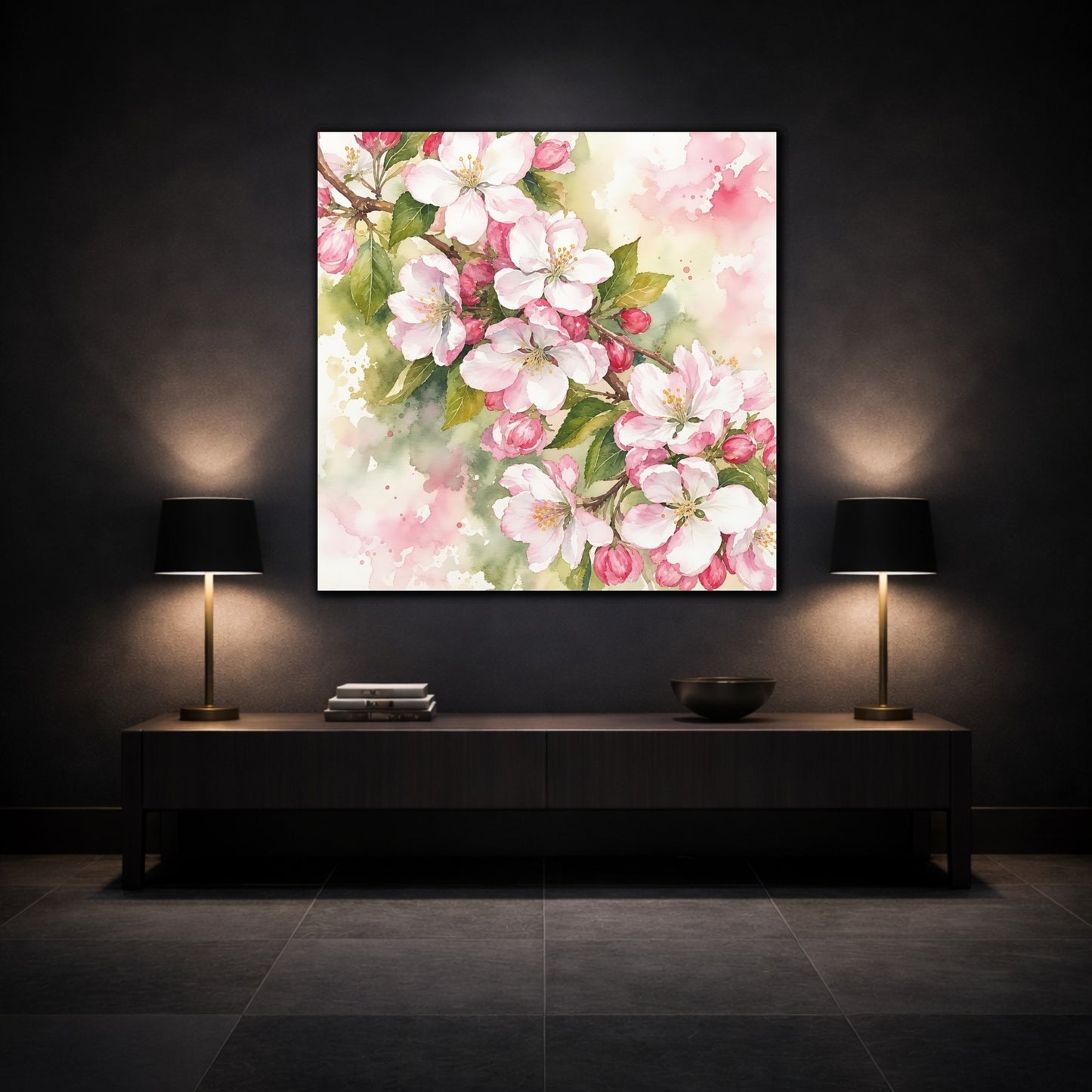 Mockup 3. Floral Cherry Blossoms Pink Blossom shown as stretched canvas wall art