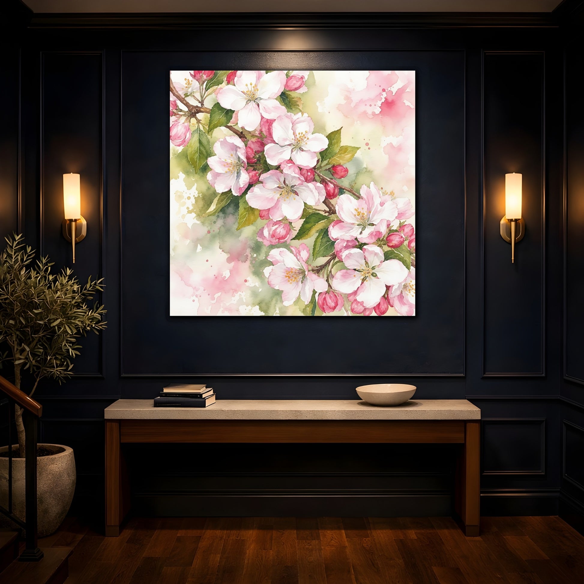Mockup 4. Floral Cherry Blossoms Pink Blossom shown as stretched canvas wall art