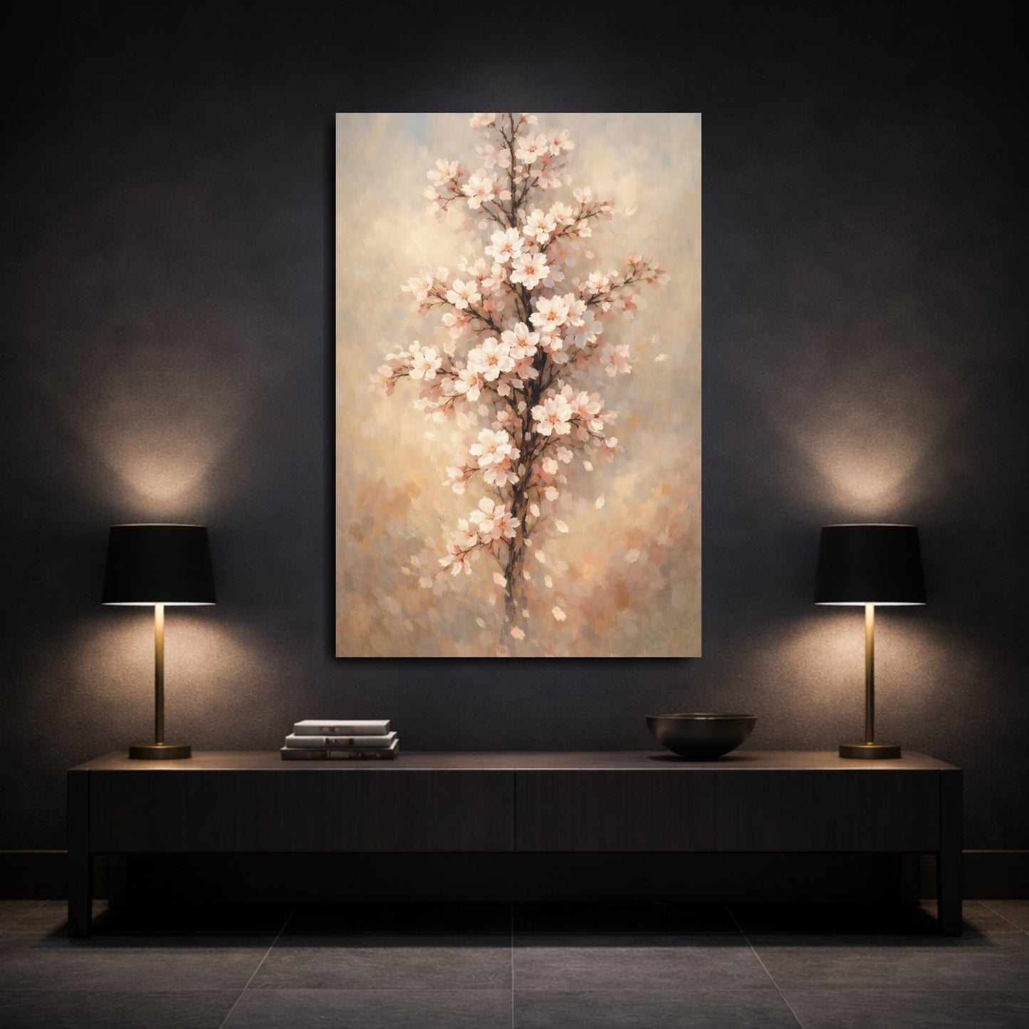 Mockup 2. Floral Cherry Blossoms Pink Blossoms shown as stretched canvas wall art
