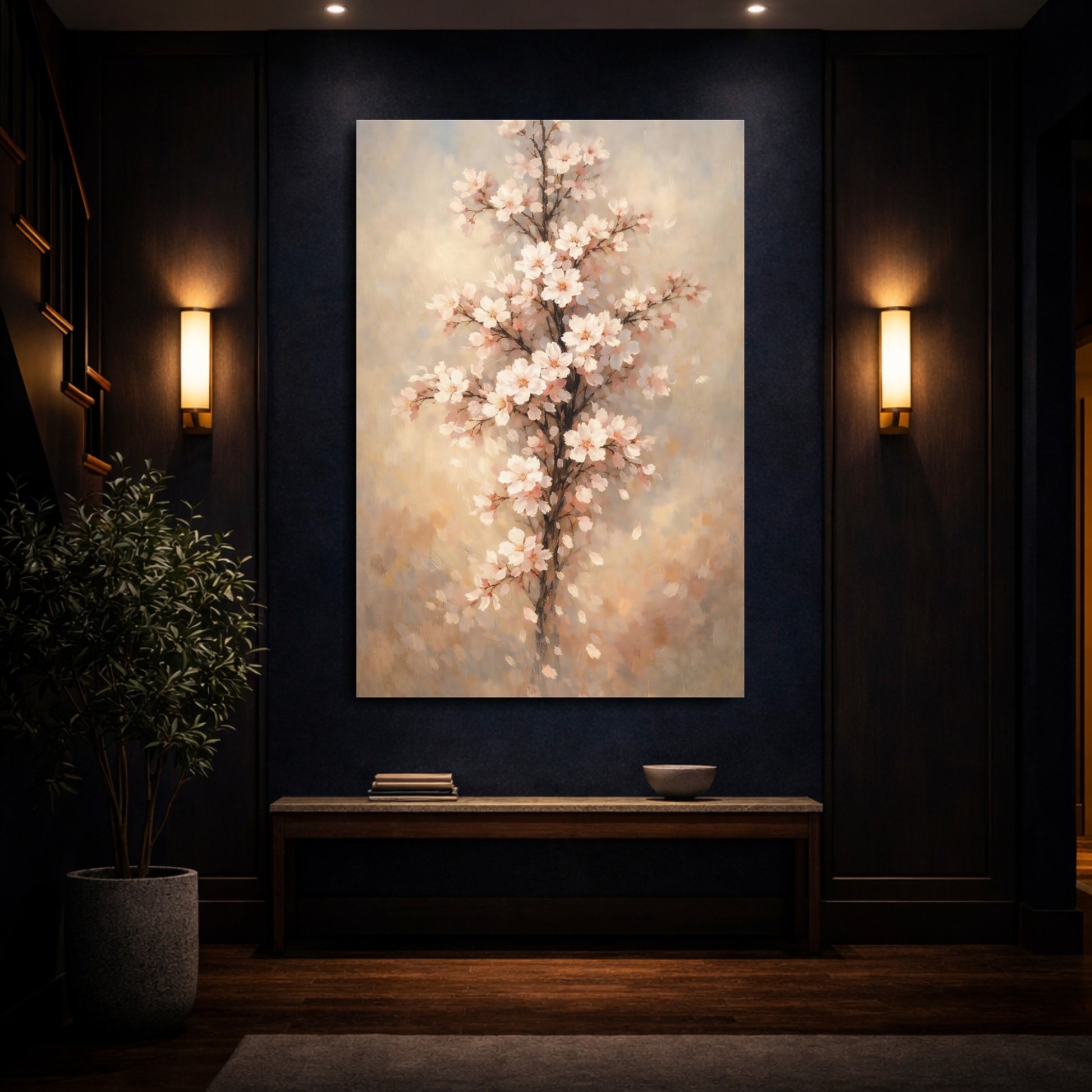 Mockup 3. Floral Cherry Blossoms Pink Blossoms shown as stretched canvas wall art