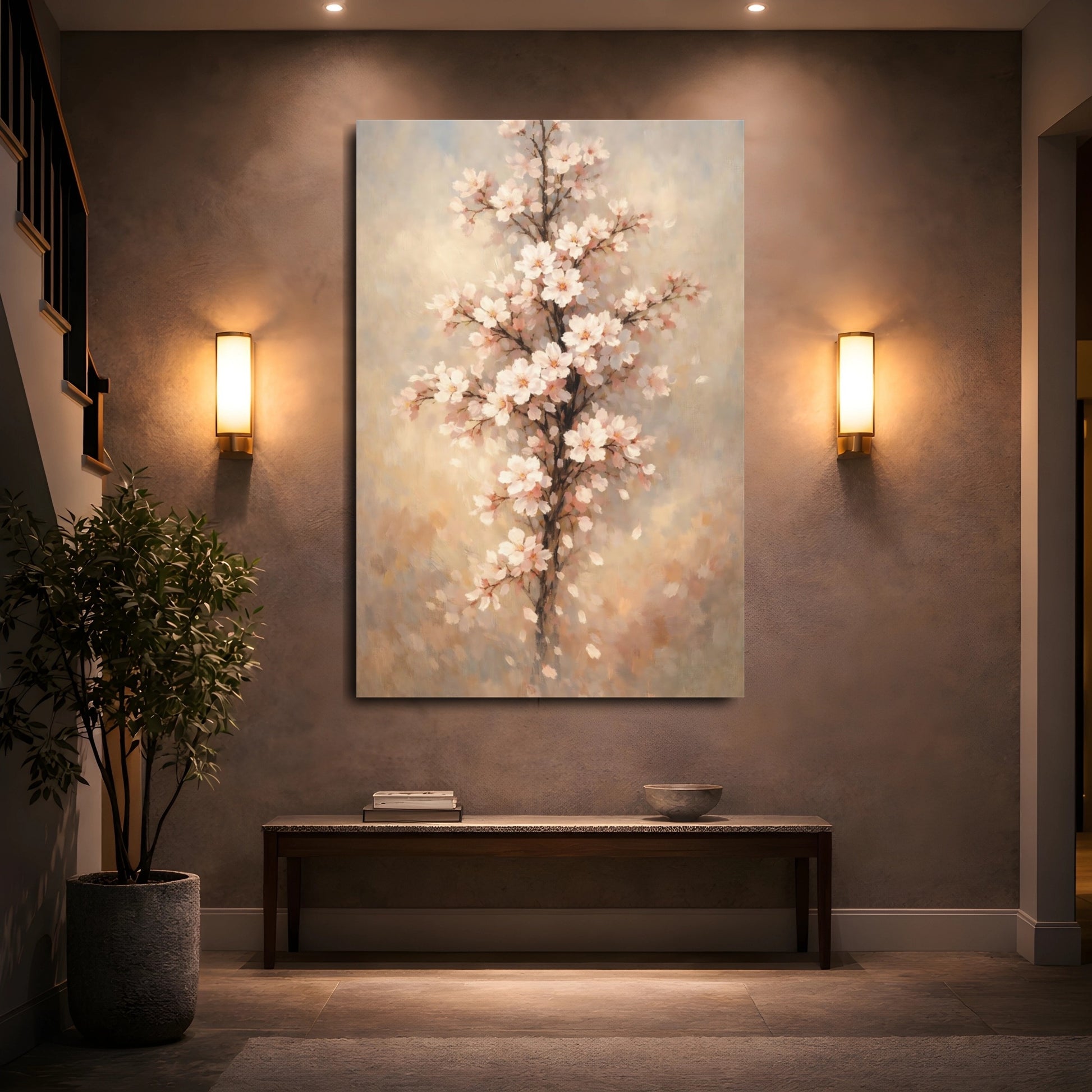 Mockup 4. Floral Cherry Blossoms Pink Blossoms shown as stretched canvas wall art