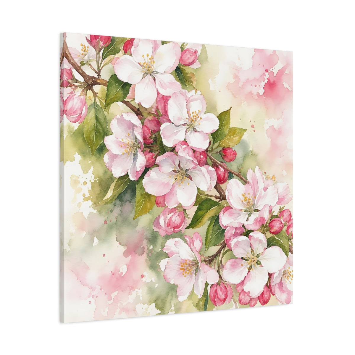 Side Mockup 1. Floral Cherry Blossoms Pink Blossom shown as stretched canvas wall art