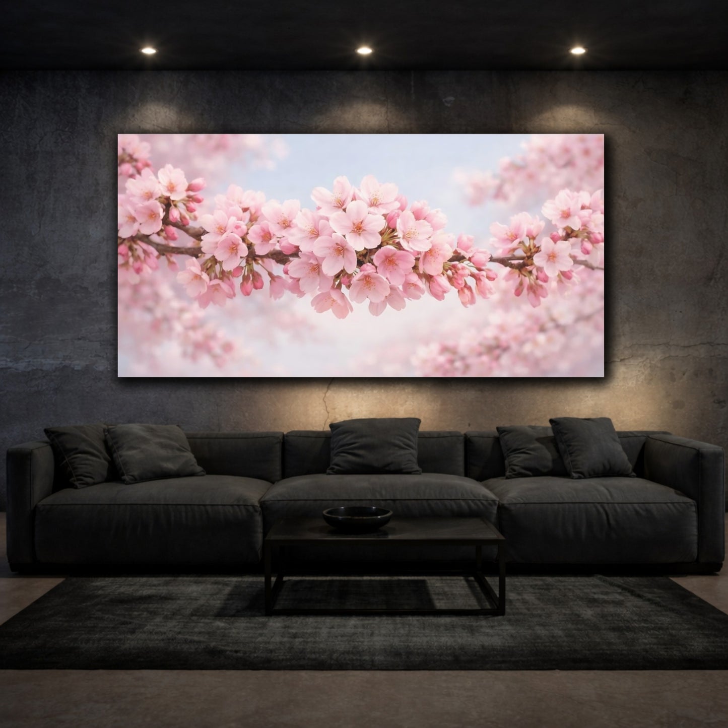 Mockup 2. Floral Cherry Blossoms Pink Cherry Blossoms shown as stretched canvas wall art