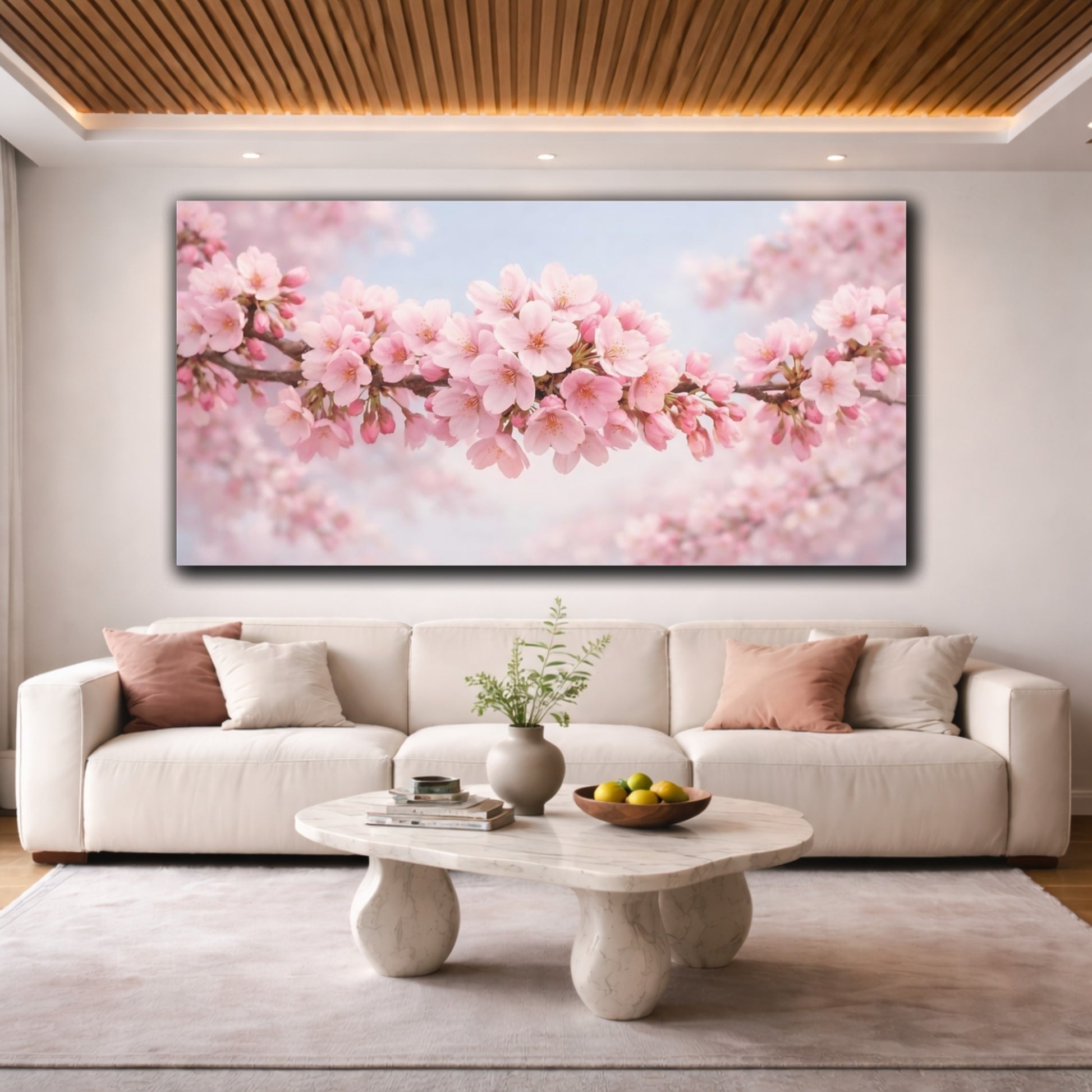 Mockup 3. Floral Cherry Blossoms Pink Cherry Blossoms shown as stretched canvas wall art