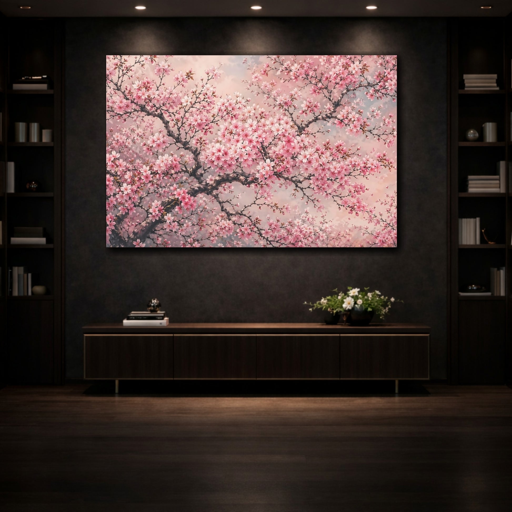 Mockup 3. Floral Cherry Blossoms Pink Cherry Blossoms shown as stretched canvas wall art