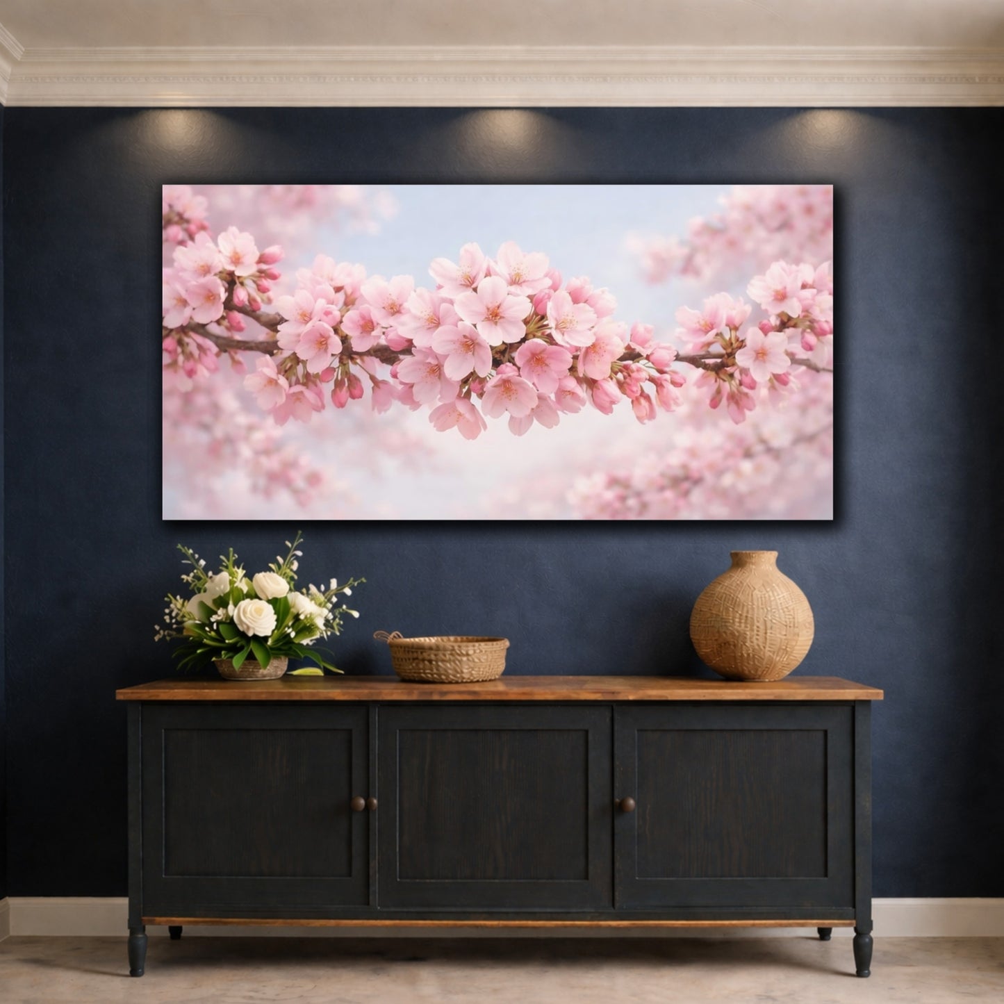 Mockup 4. Floral Cherry Blossoms Pink Cherry Blossoms shown as stretched canvas wall art