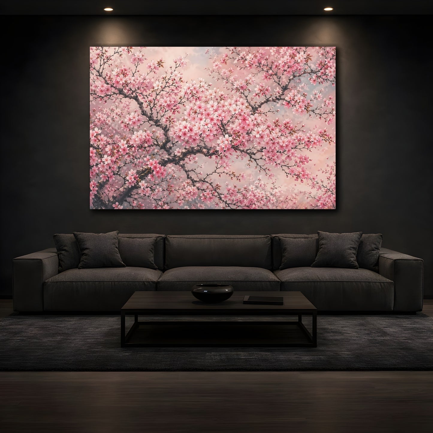 Mockup 4. Floral Cherry Blossoms Pink Cherry Blossoms shown as stretched canvas wall art