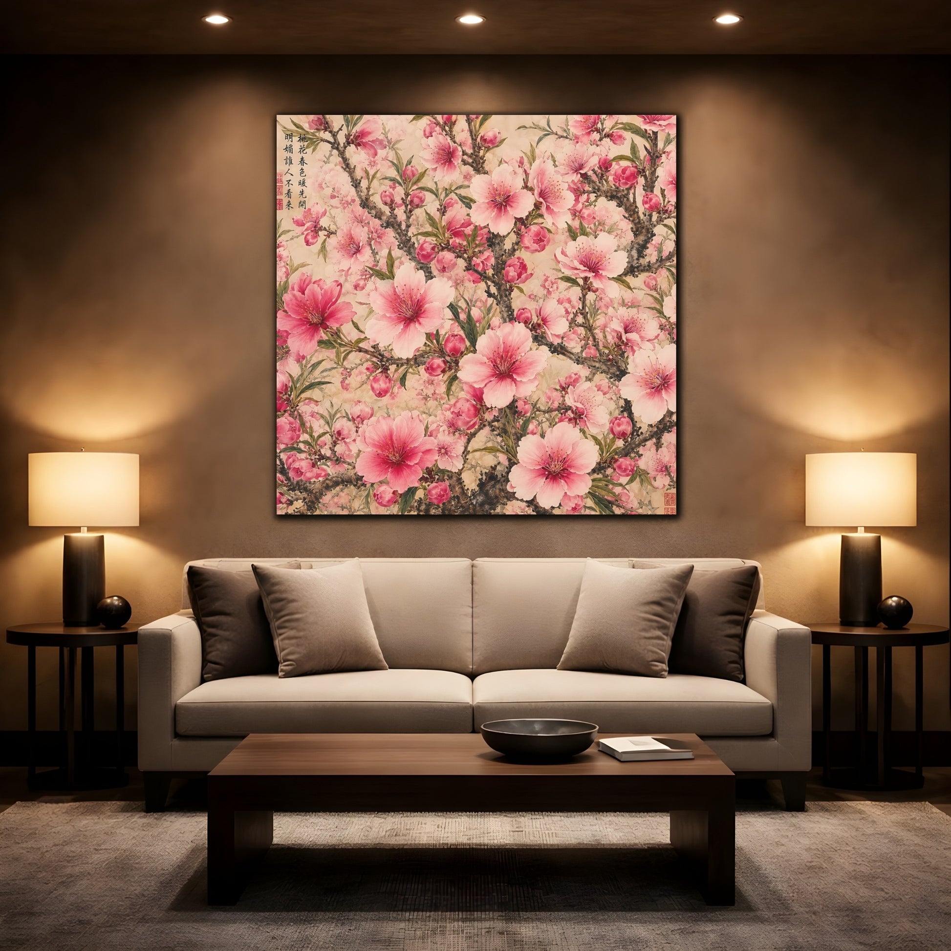 Mockup 2. Floral Cherry Blossoms Pink Floral shown as stretched canvas wall art