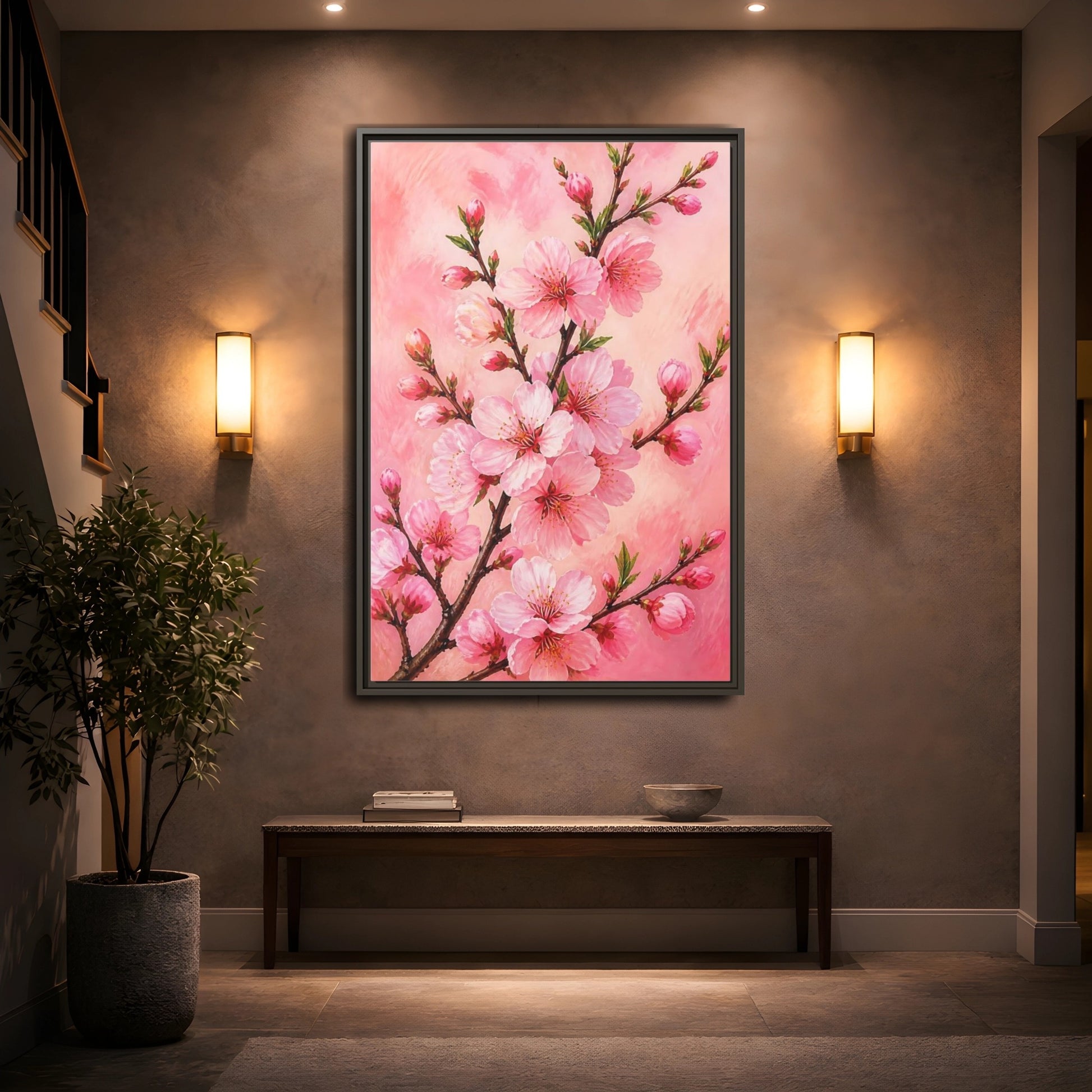 Mockup 2. Floral Cherry Blossoms Pink Floral shown as framed canvas print