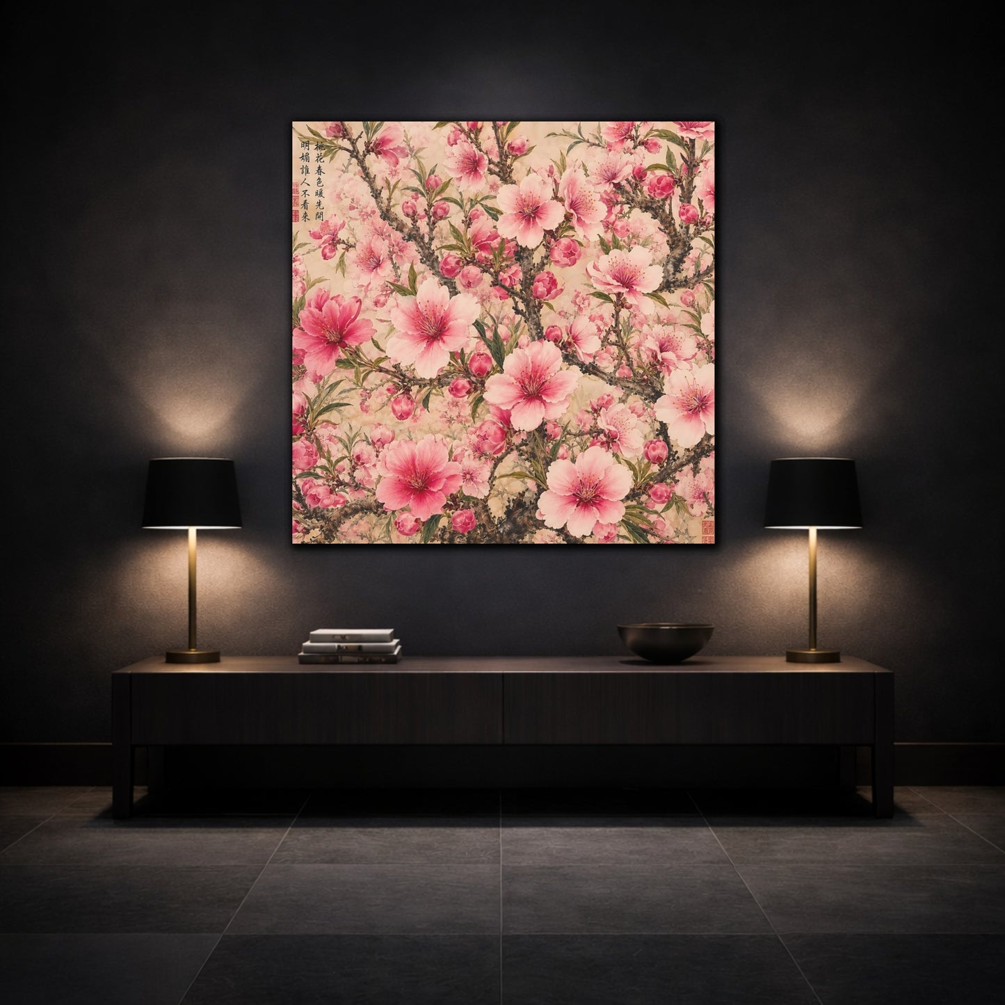 Mockup 3. Floral Cherry Blossoms Pink Floral shown as stretched canvas wall art