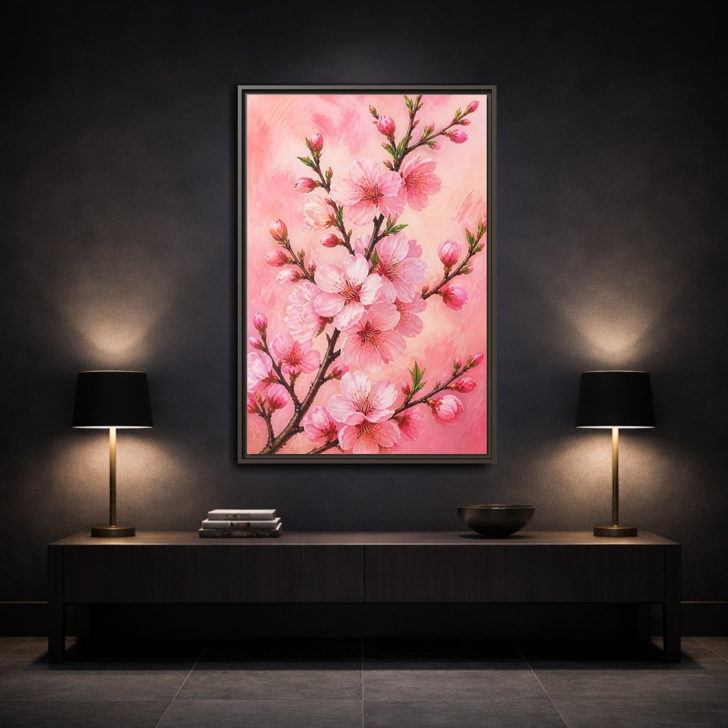 Mockup 3. Floral Cherry Blossoms Pink Floral shown as framed canvas print