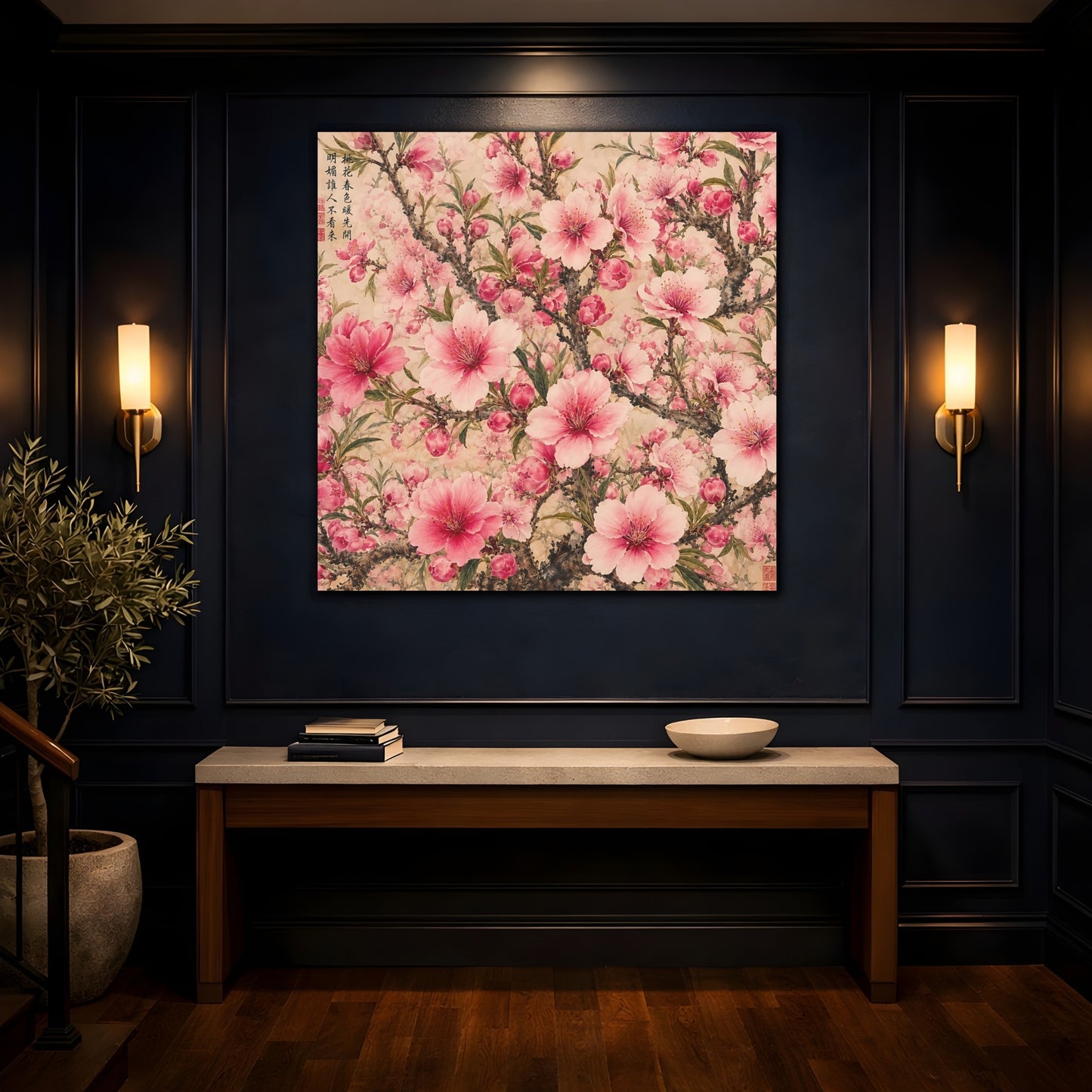 Mockup 4. Floral Cherry Blossoms Pink Floral shown as stretched canvas wall art