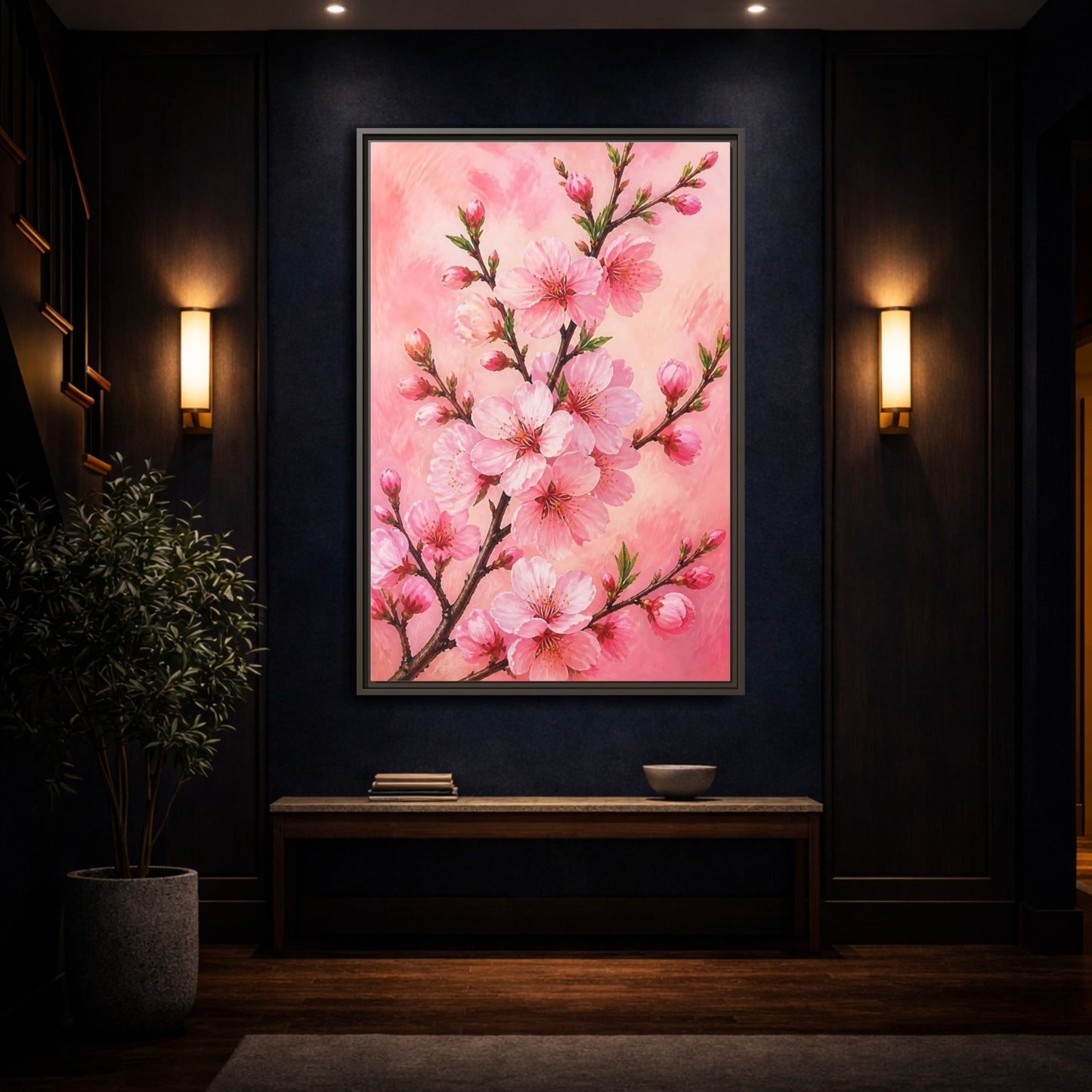 Mockup 4. Floral Cherry Blossoms Pink Floral shown as framed canvas print