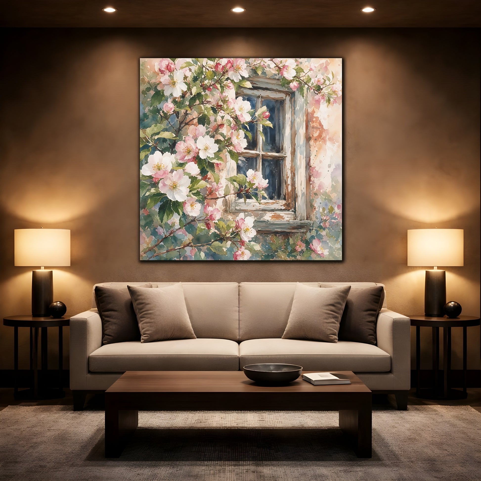 Mockup 2. Floral Cherry Blossoms Pink Floral Window shown as stretched canvas wall art
