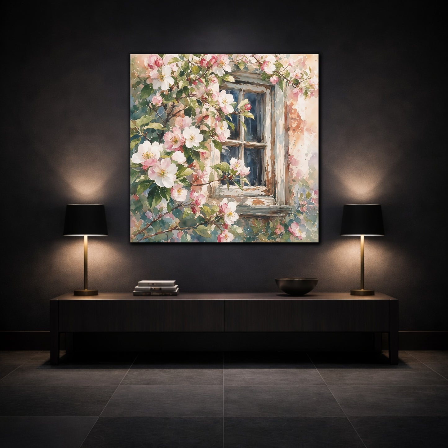 Mockup 3. Floral Cherry Blossoms Pink Floral Window shown as stretched canvas wall art