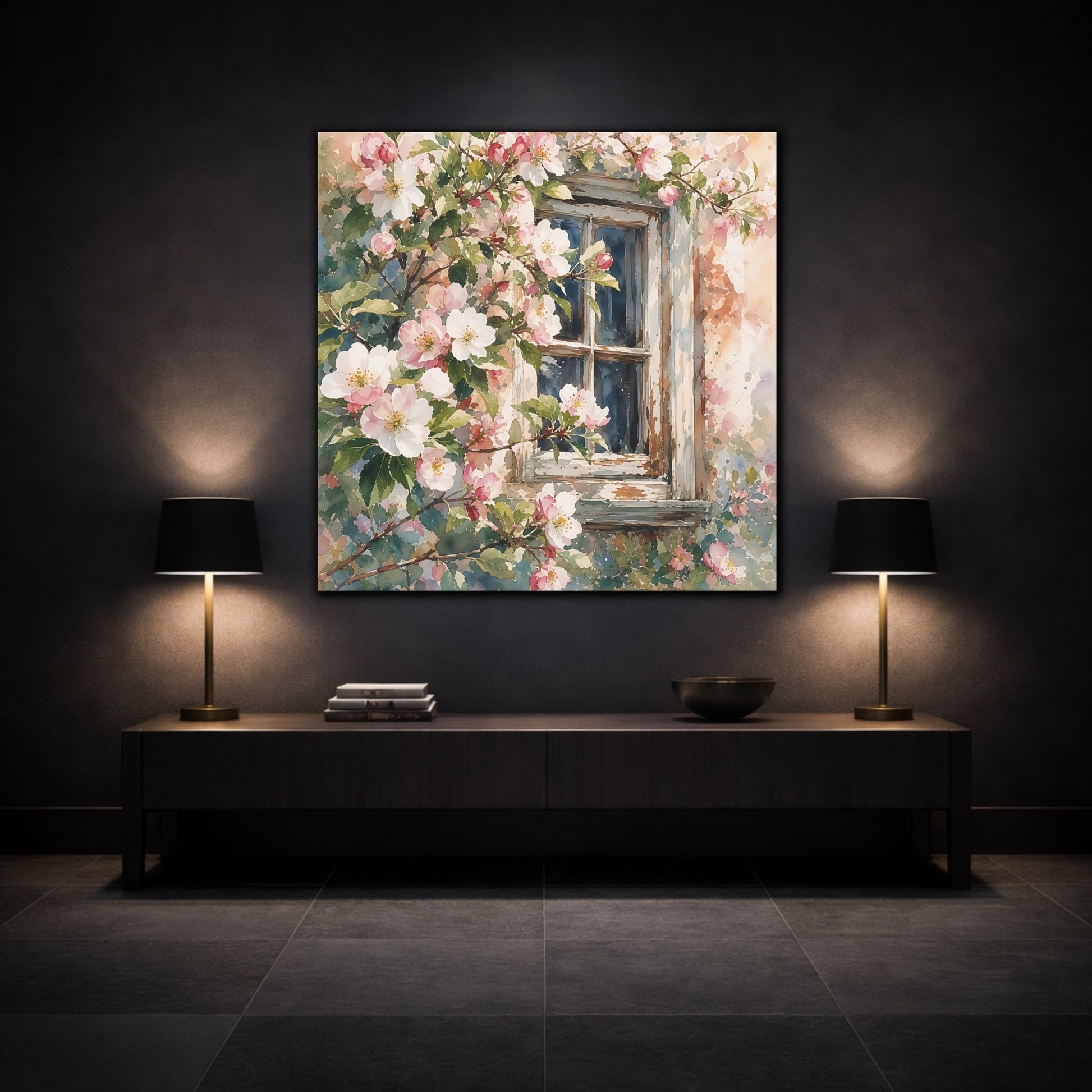 Mockup 3. Floral Cherry Blossoms Pink Floral Window shown as stretched canvas wall art