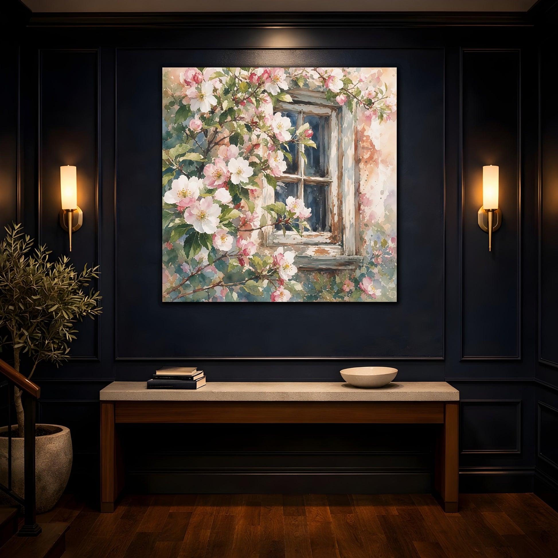 Mockup 4. Floral Cherry Blossoms Pink Floral Window shown as stretched canvas wall art