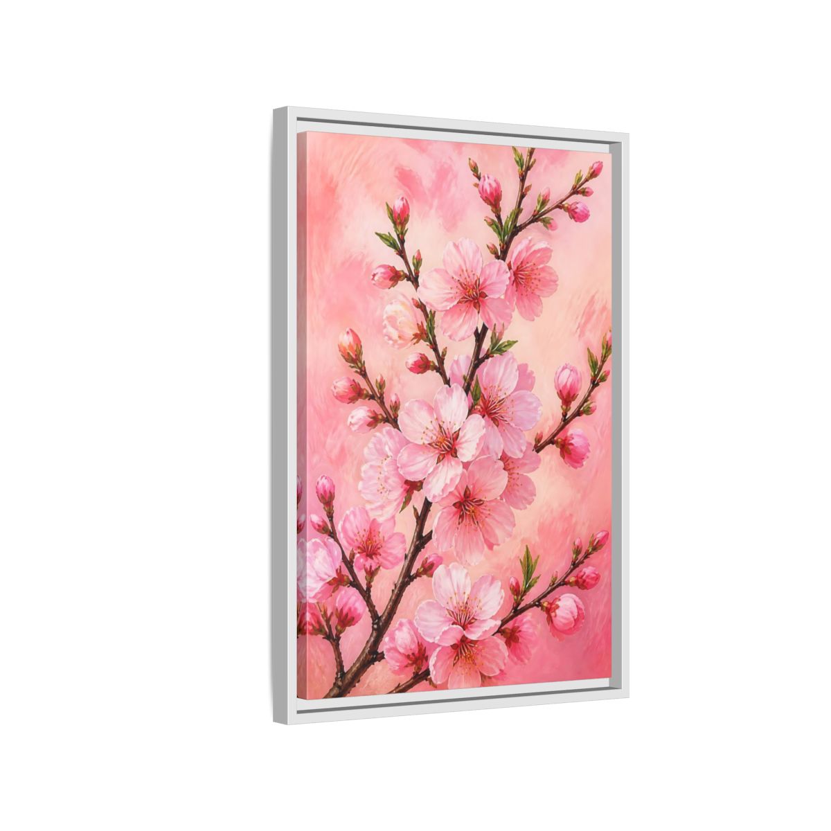 Side Mockup 1. Floral Cherry Blossoms Pink Floral shown as framed canvas print