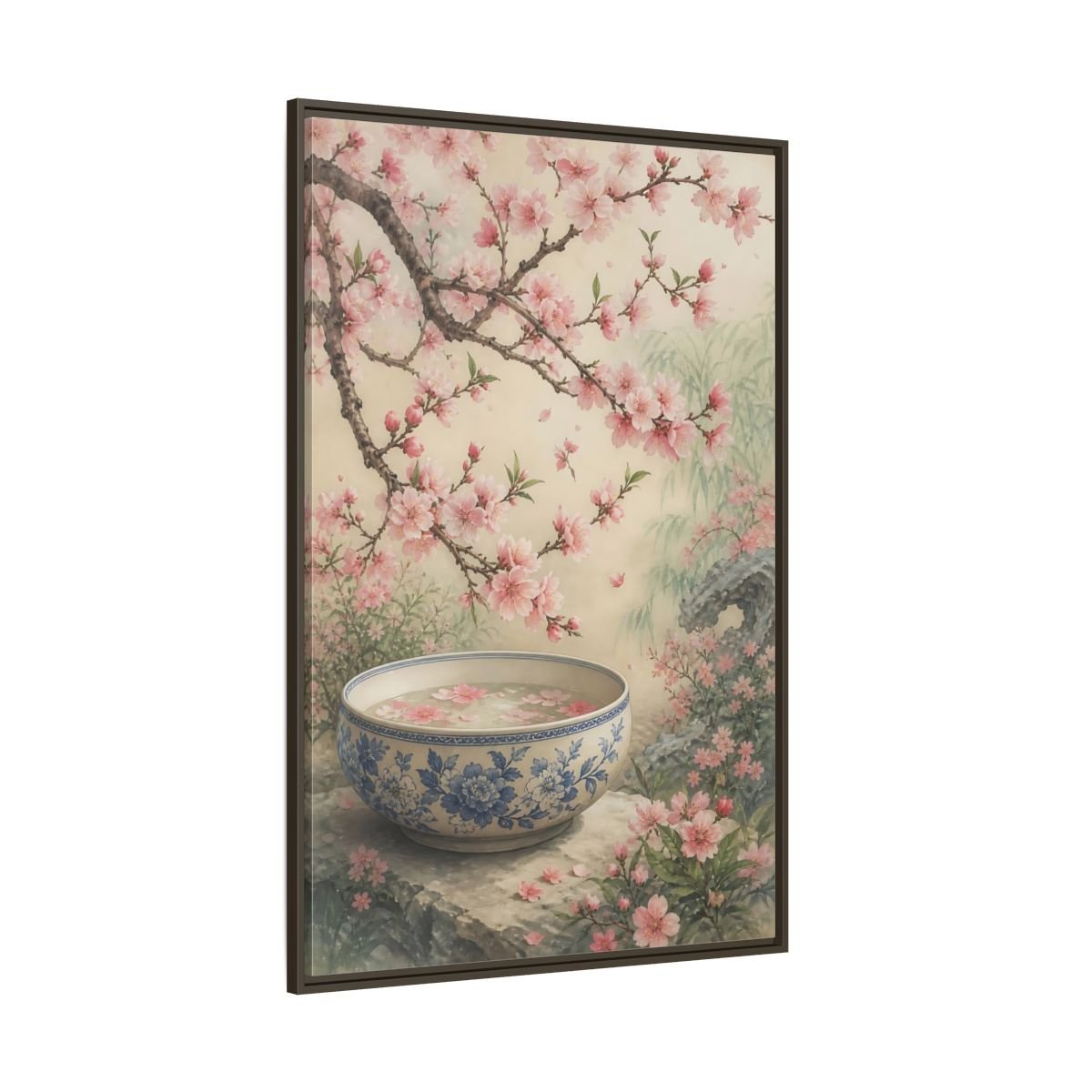 Floral Cherry Blossoms Pink Framed Canvas Print – Traditional Asian Decor for Living Room, Above Sofa - YesArtYes