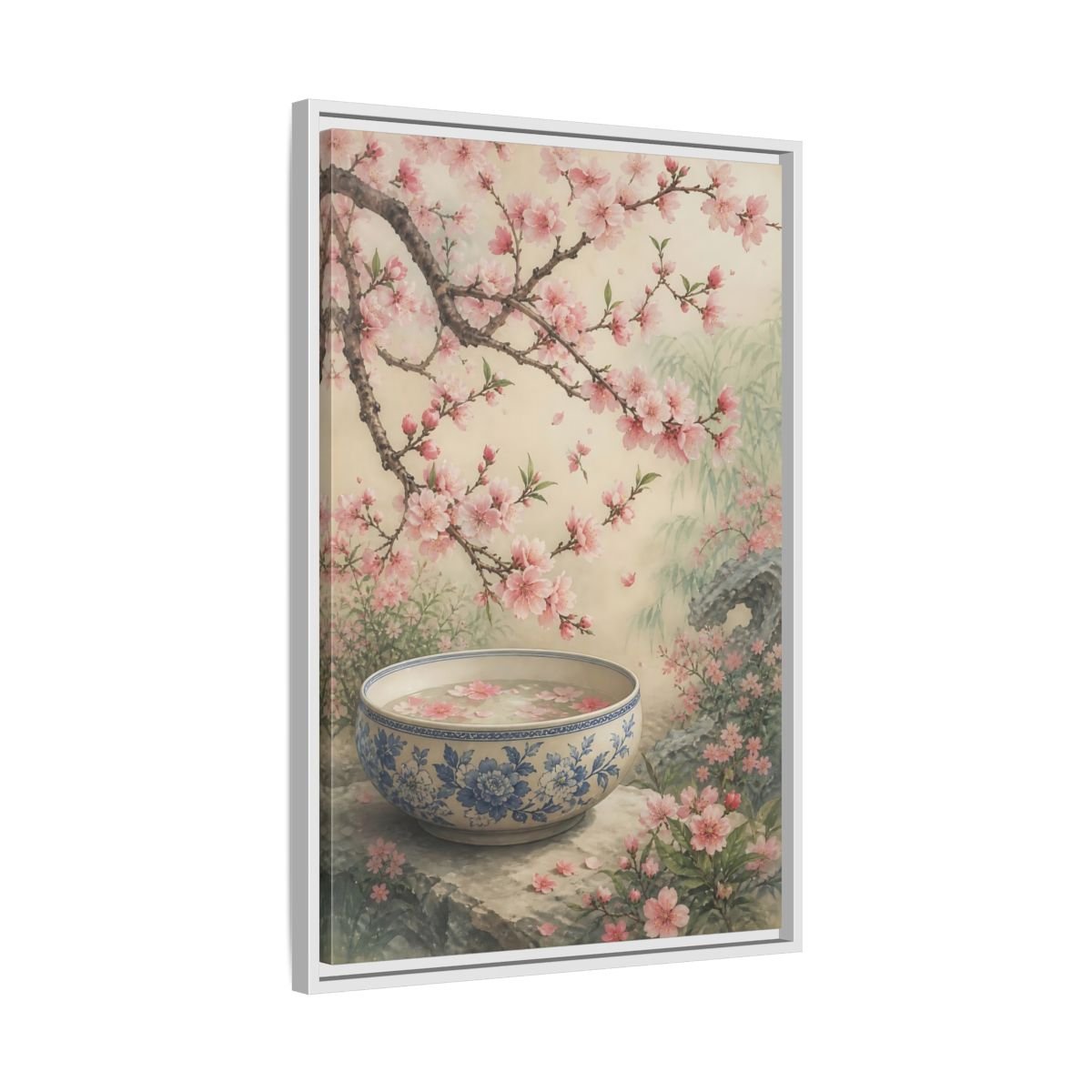 Floral Cherry Blossoms Pink Framed Canvas Print – Traditional Asian Decor for Living Room, Above Sofa - YesArtYes