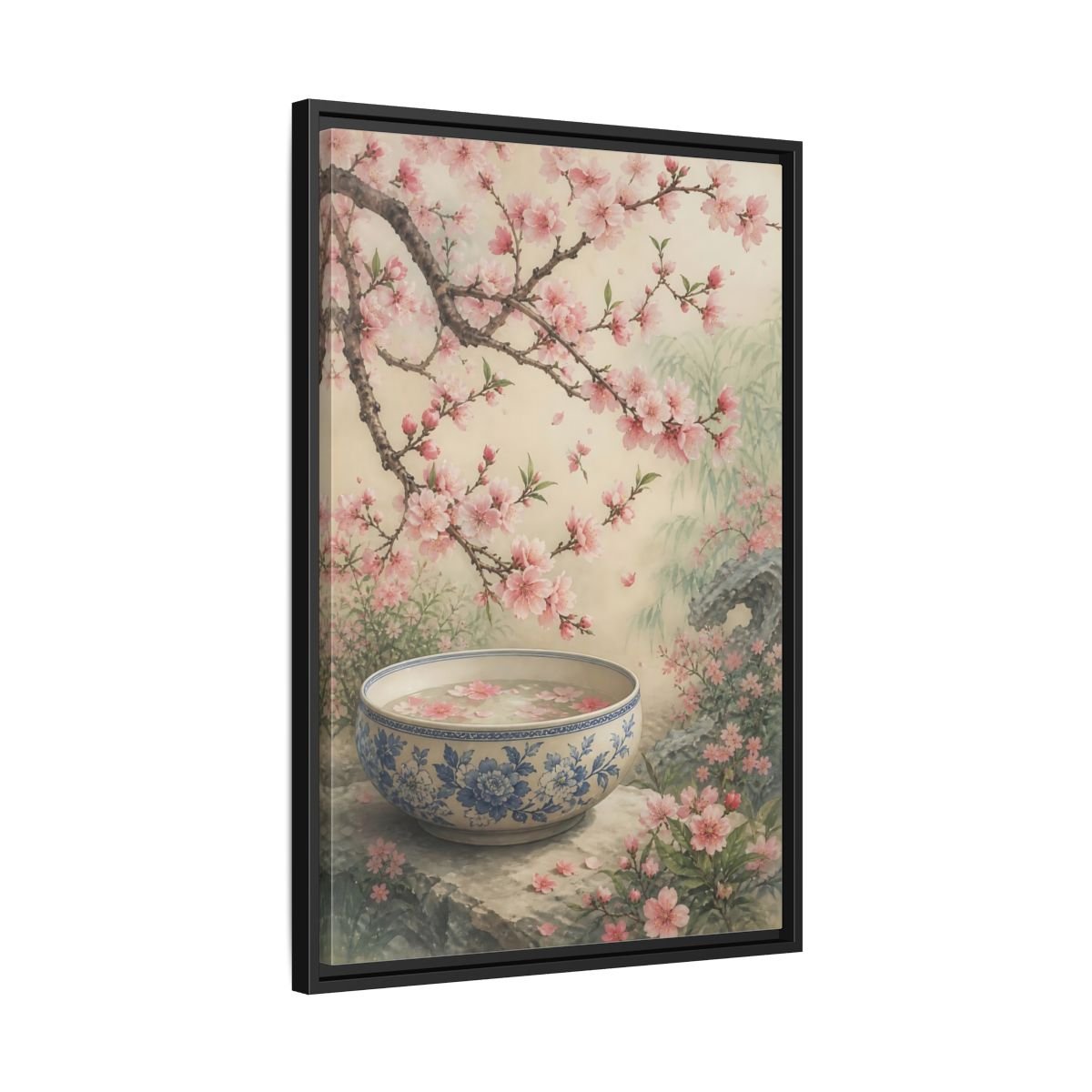 Floral Cherry Blossoms Pink Framed Canvas Print – Traditional Asian Decor for Living Room, Above Sofa - YesArtYes