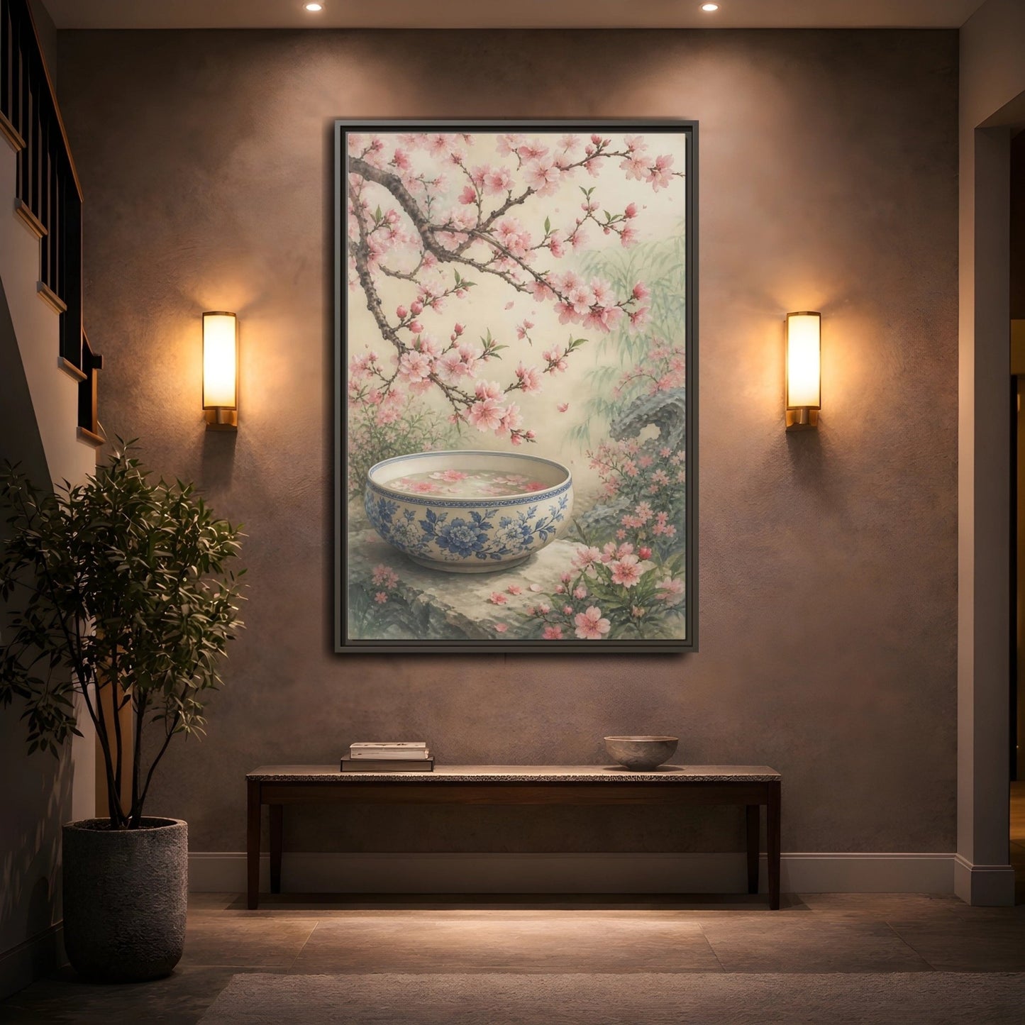 Floral Cherry Blossoms Pink Framed Canvas Print – Traditional Asian Decor for Living Room, Above Sofa - YesArtYes
